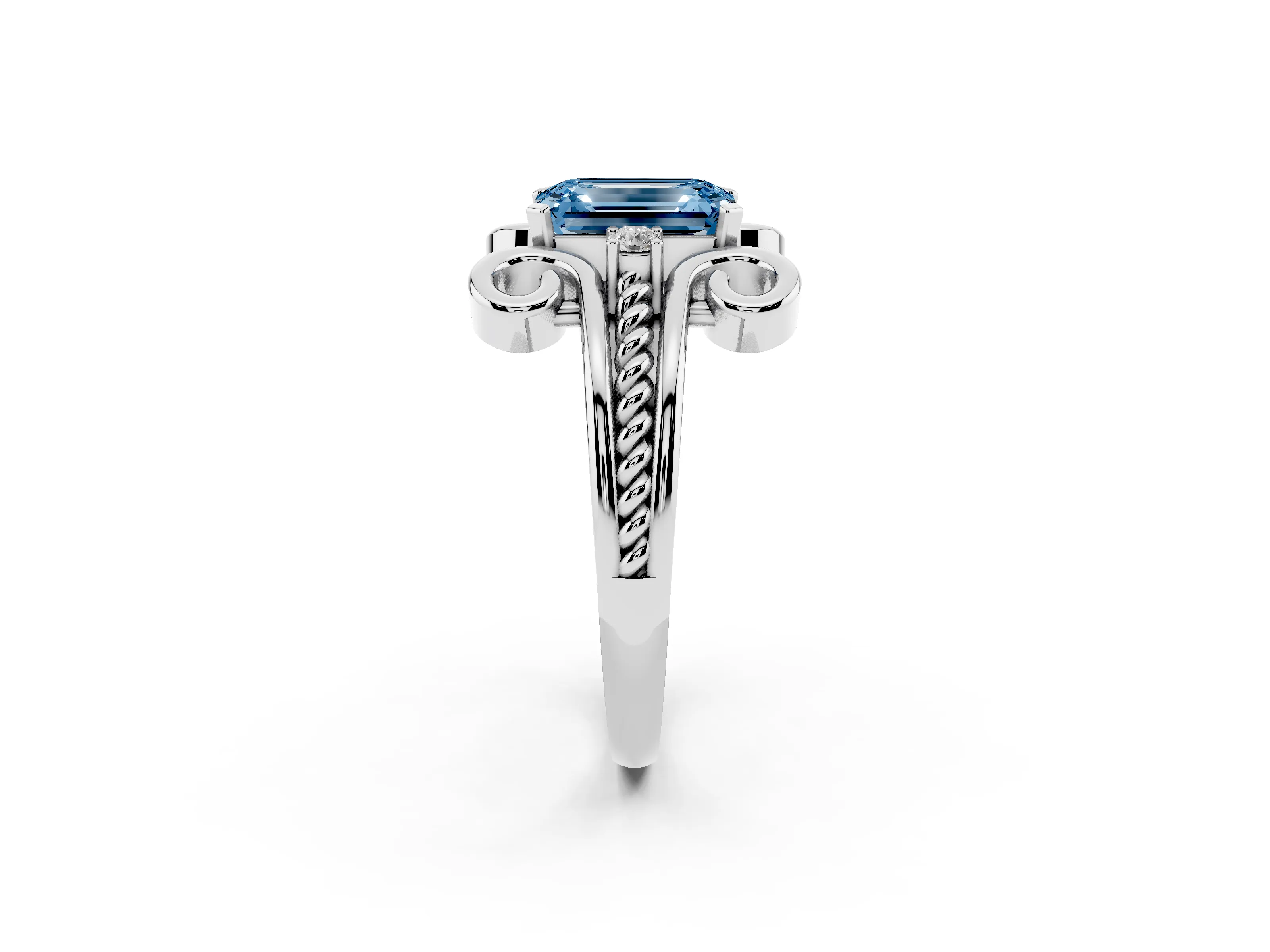 Fancy Blue Emerald Cut Diamond Twisted Band Solitaire Ring Set in Platinum with Scroll Prongs
