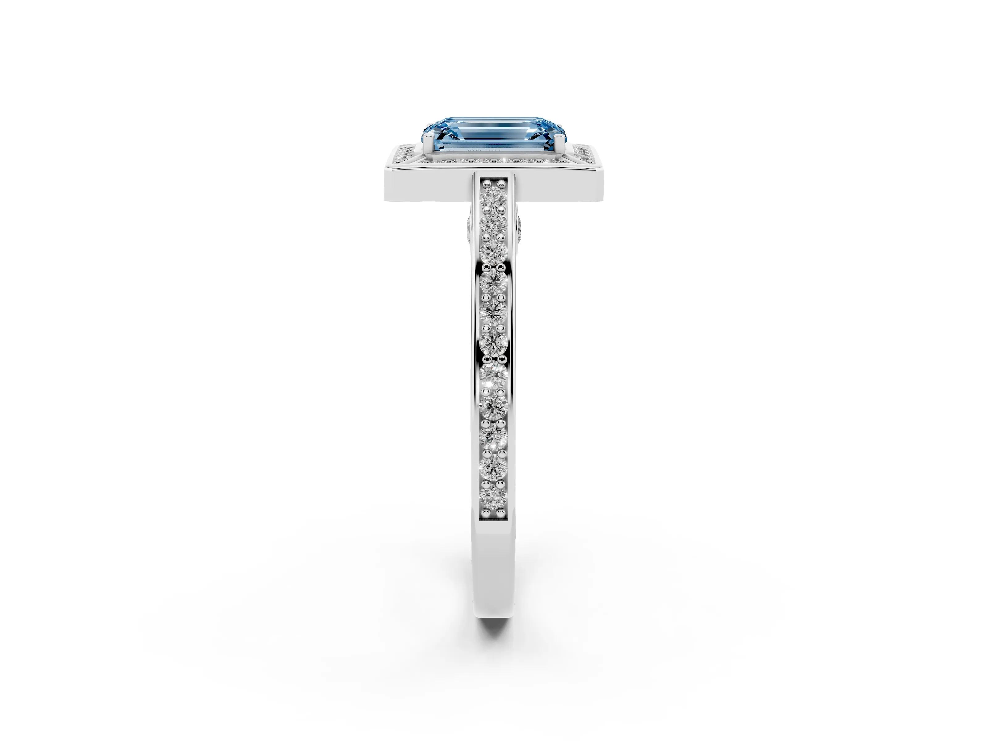 Fancy Blue Emerald Cut Diamond Halo Pavé Split Shank Ring Set in Silver with Prong Setting