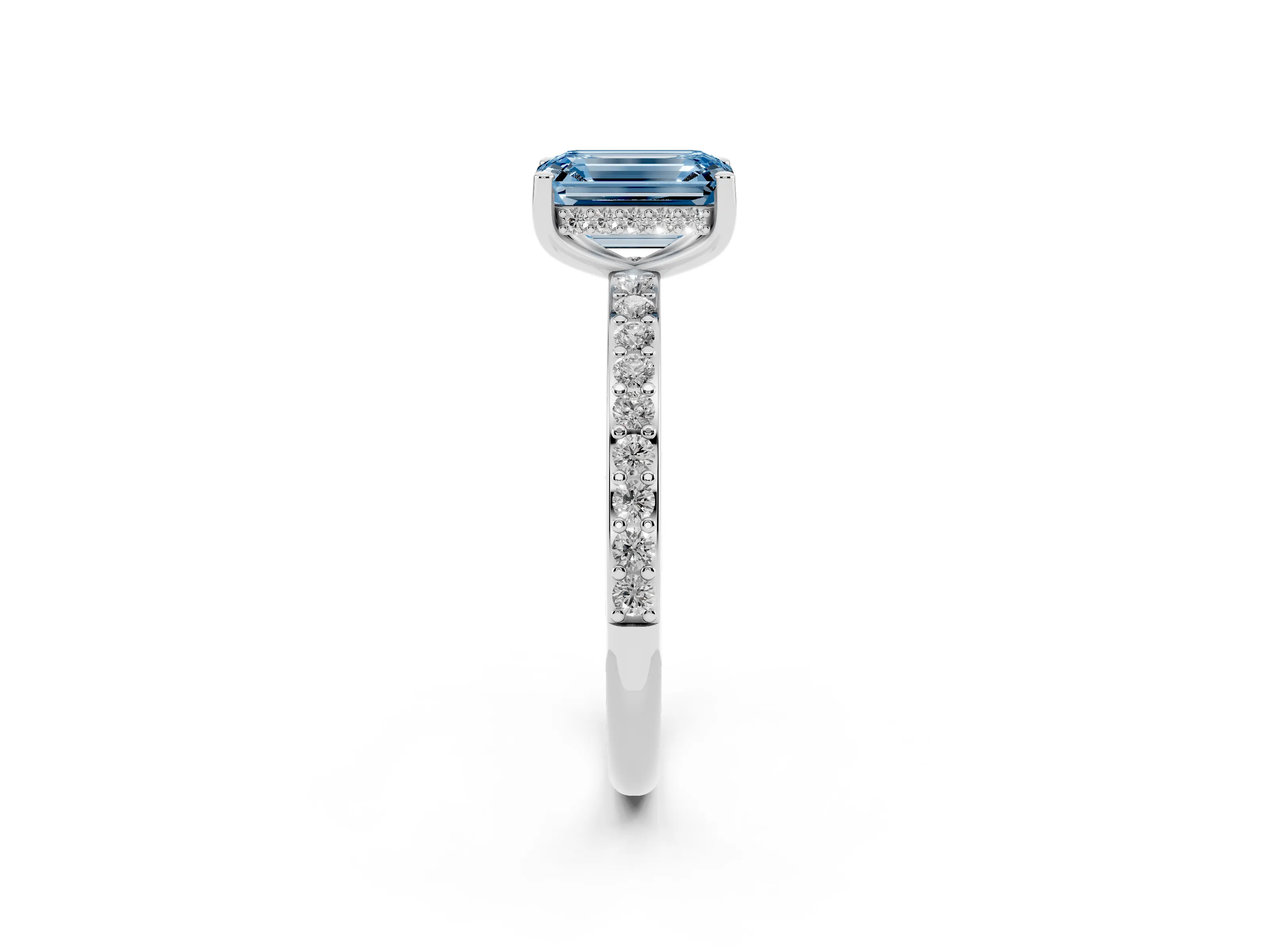 Fancy Blue Emerald Cut Diamond Pavé Band Ring Set in Silver with Prong-Set Center Stone