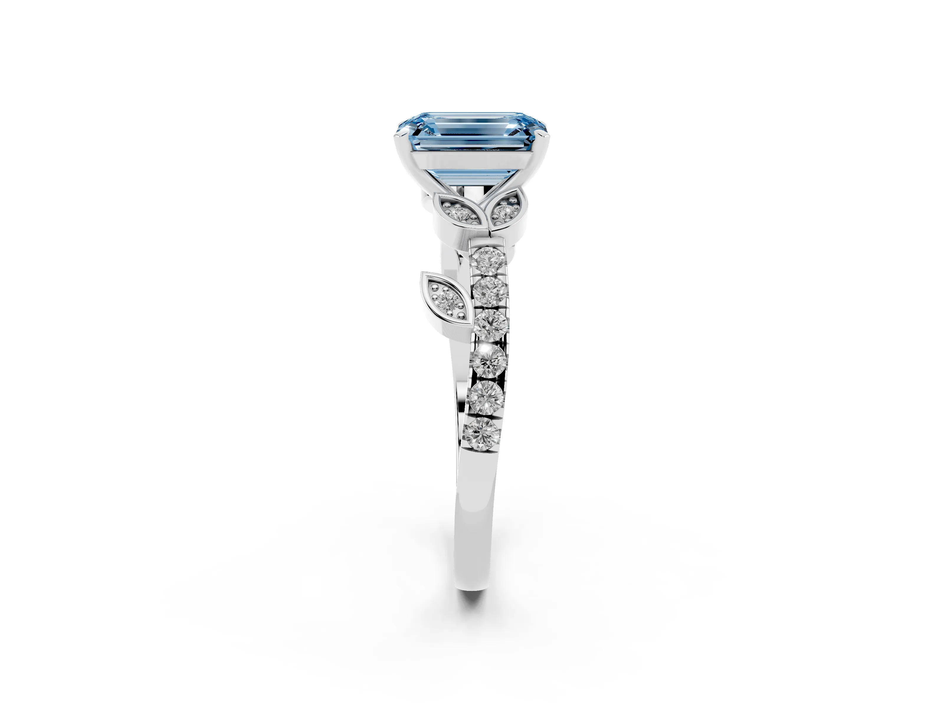 Fancy Blue Emerald Cut Diamond Solitaire Leaf-Inspired Ring Set in Silver with Pavé Band and Prong Setting