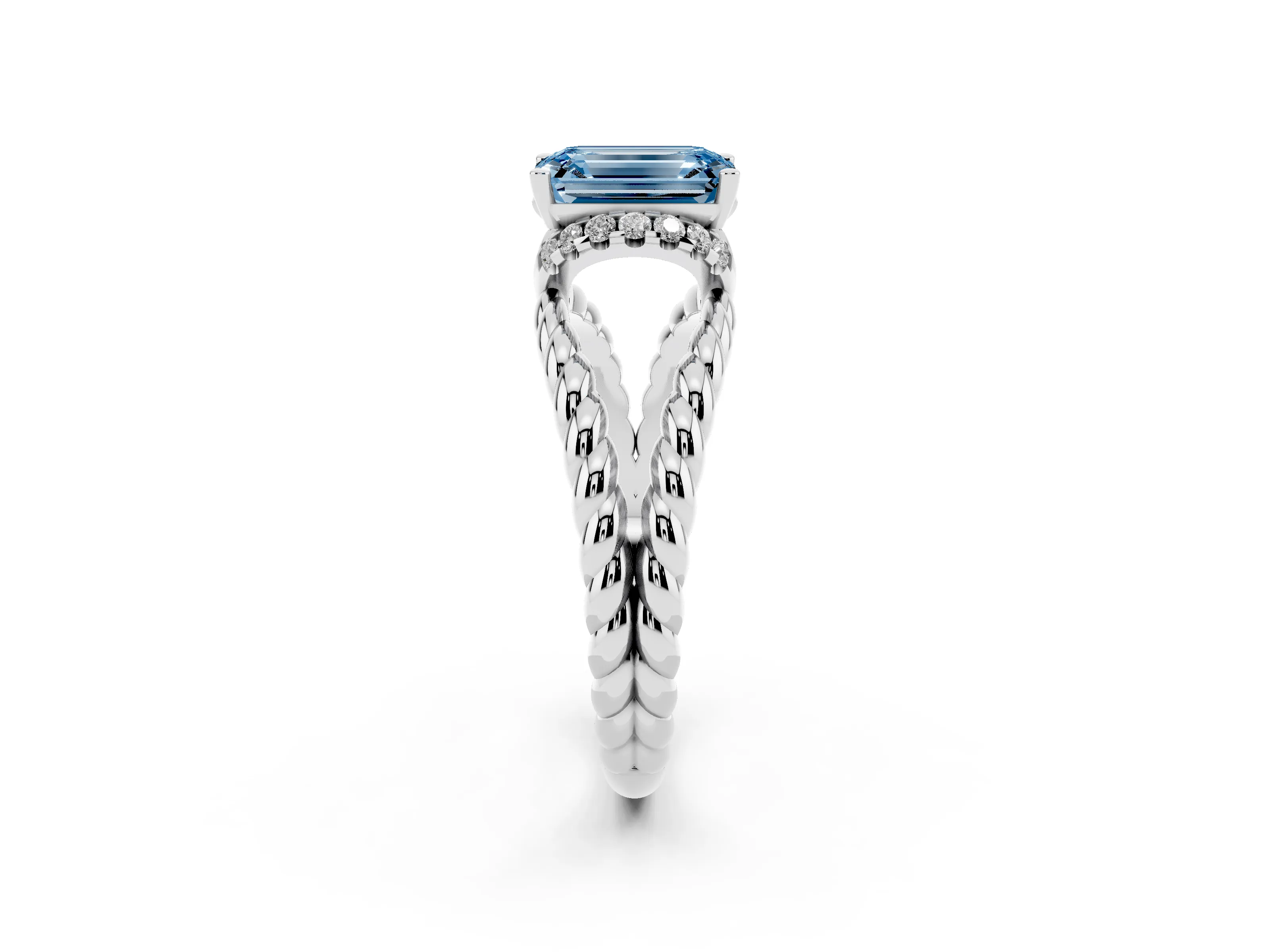 Fancy Blue Emerald Cut Diamond Halo Ring Set in Platinum with Twisted Band and Prong Setting