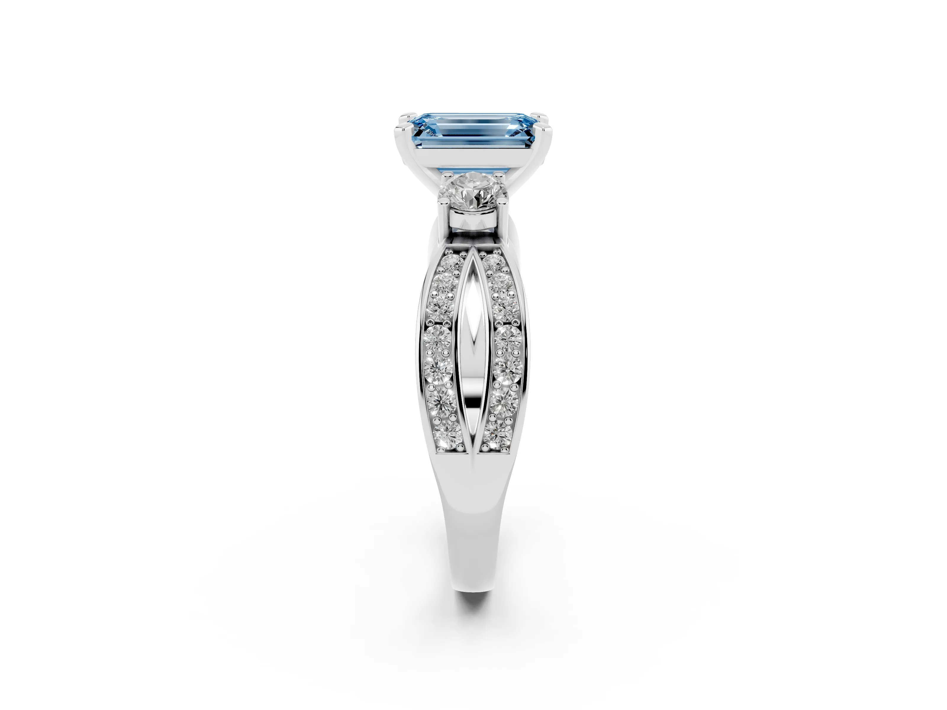 Fancy Blue Three-Stone Emerald Cut Diamond Twist Band Ring Set in White gold with Pavé Accents and Prong Setting