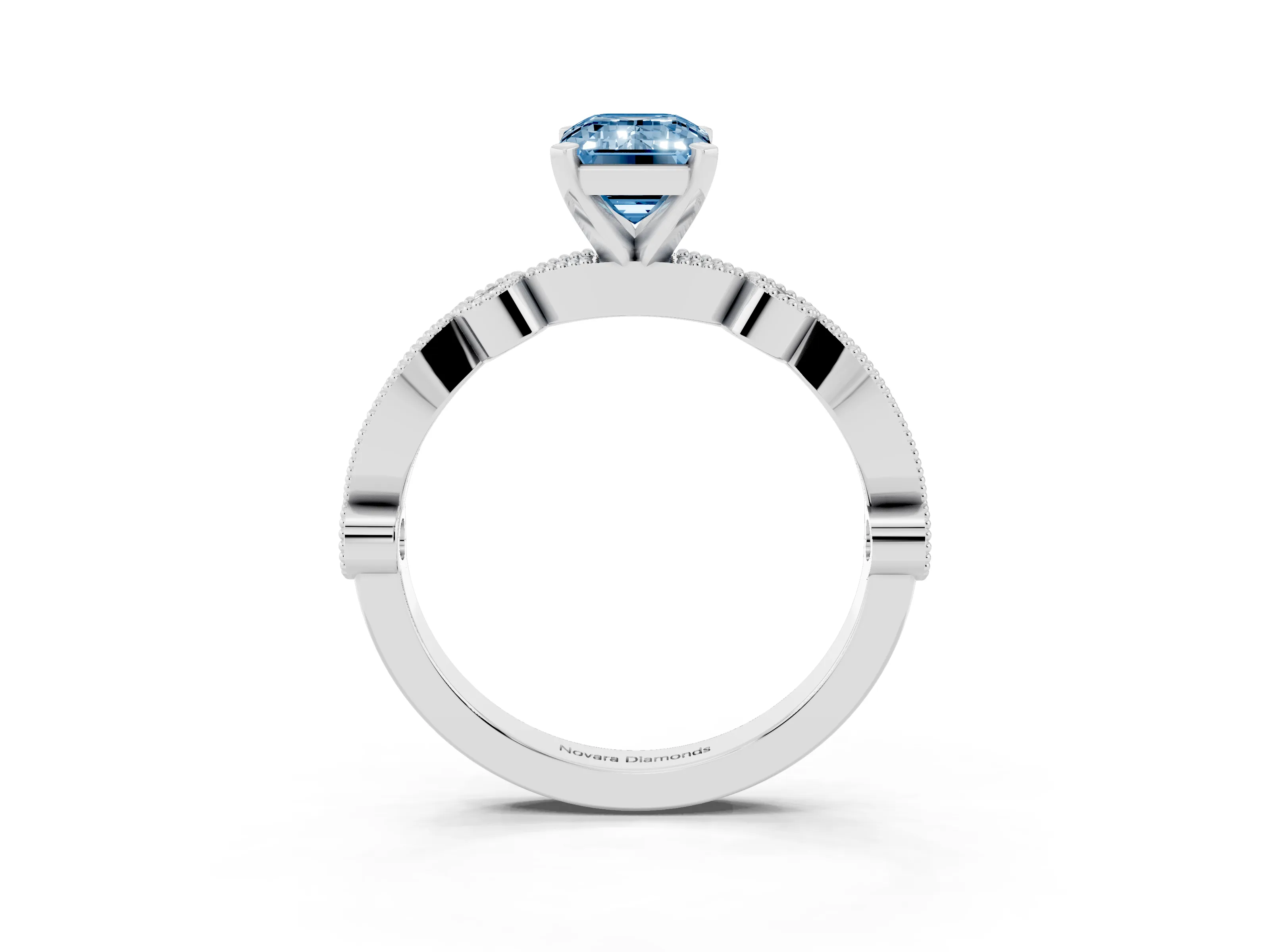 Fancy Blue Emerald Cut Diamond Solitaire Engagement Ring Set in White gold with Milgrain Bezel Accent Band