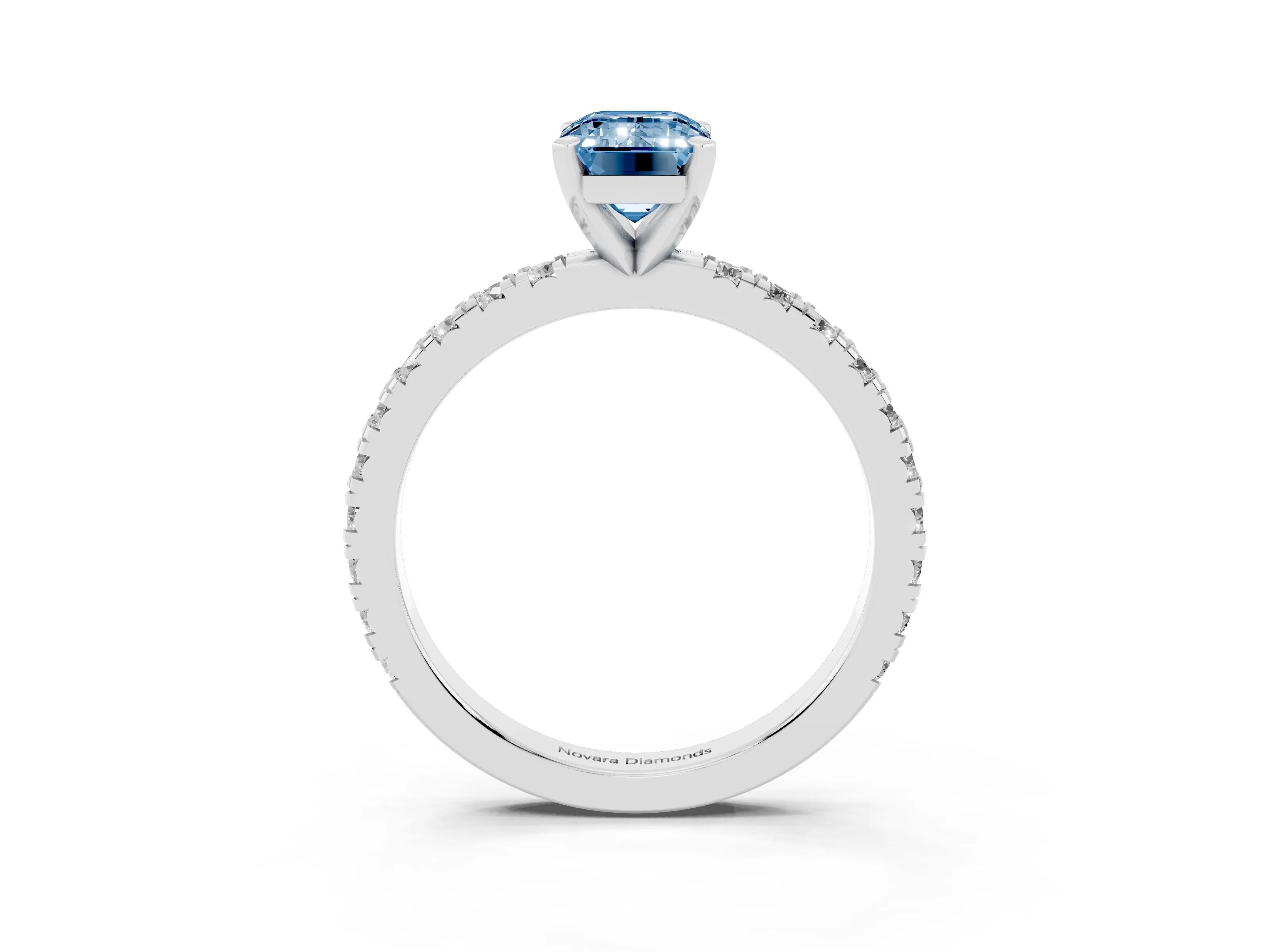 Fancy Blue Emerald Cut Diamond Pavé Band Solitaire Set in Platinum with Prong Setting