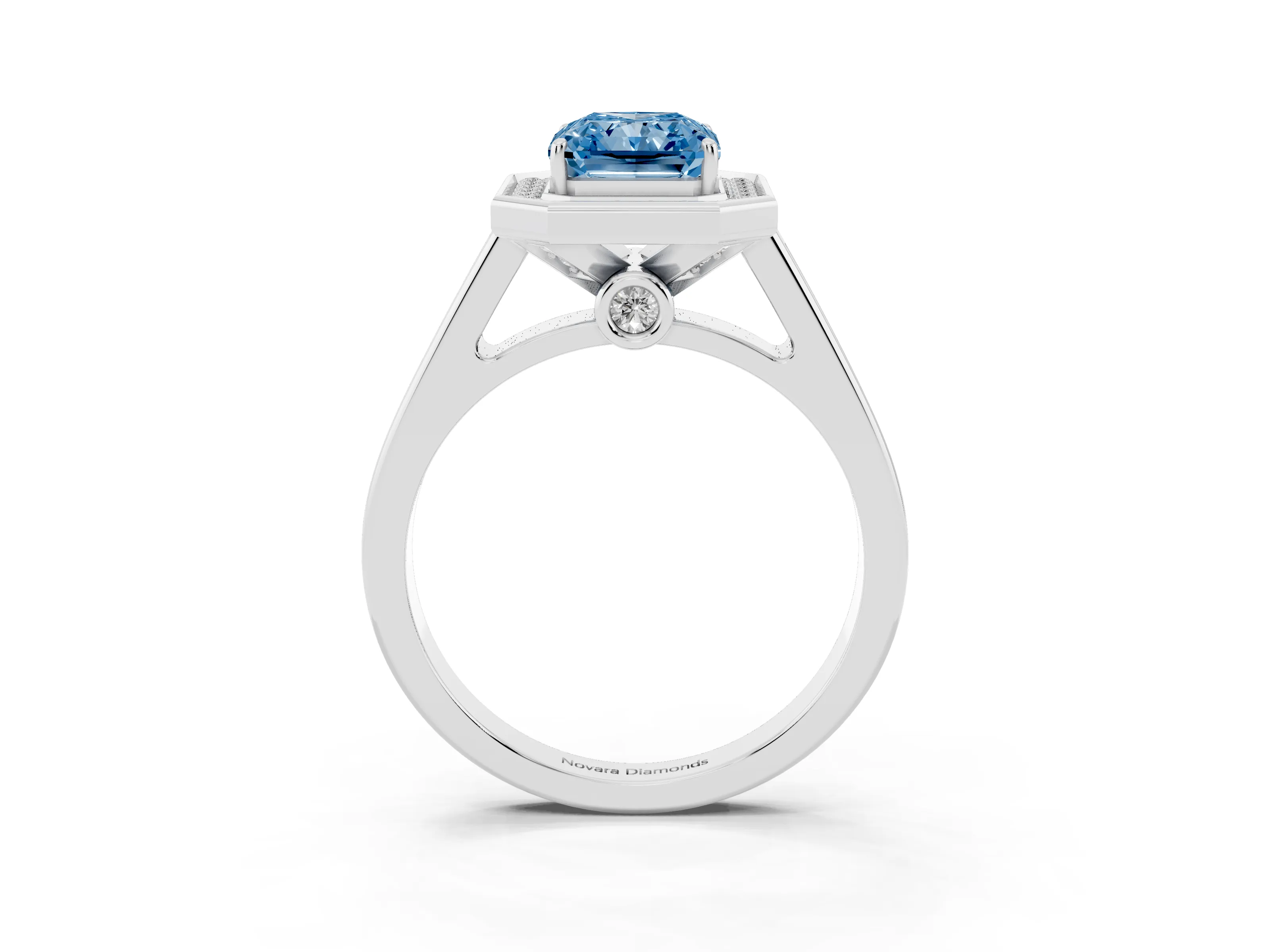 Fancy Blue Emerald Cut Diamond Halo Solitaire Ring Set in White gold with Pavé Band and Bezel Setting