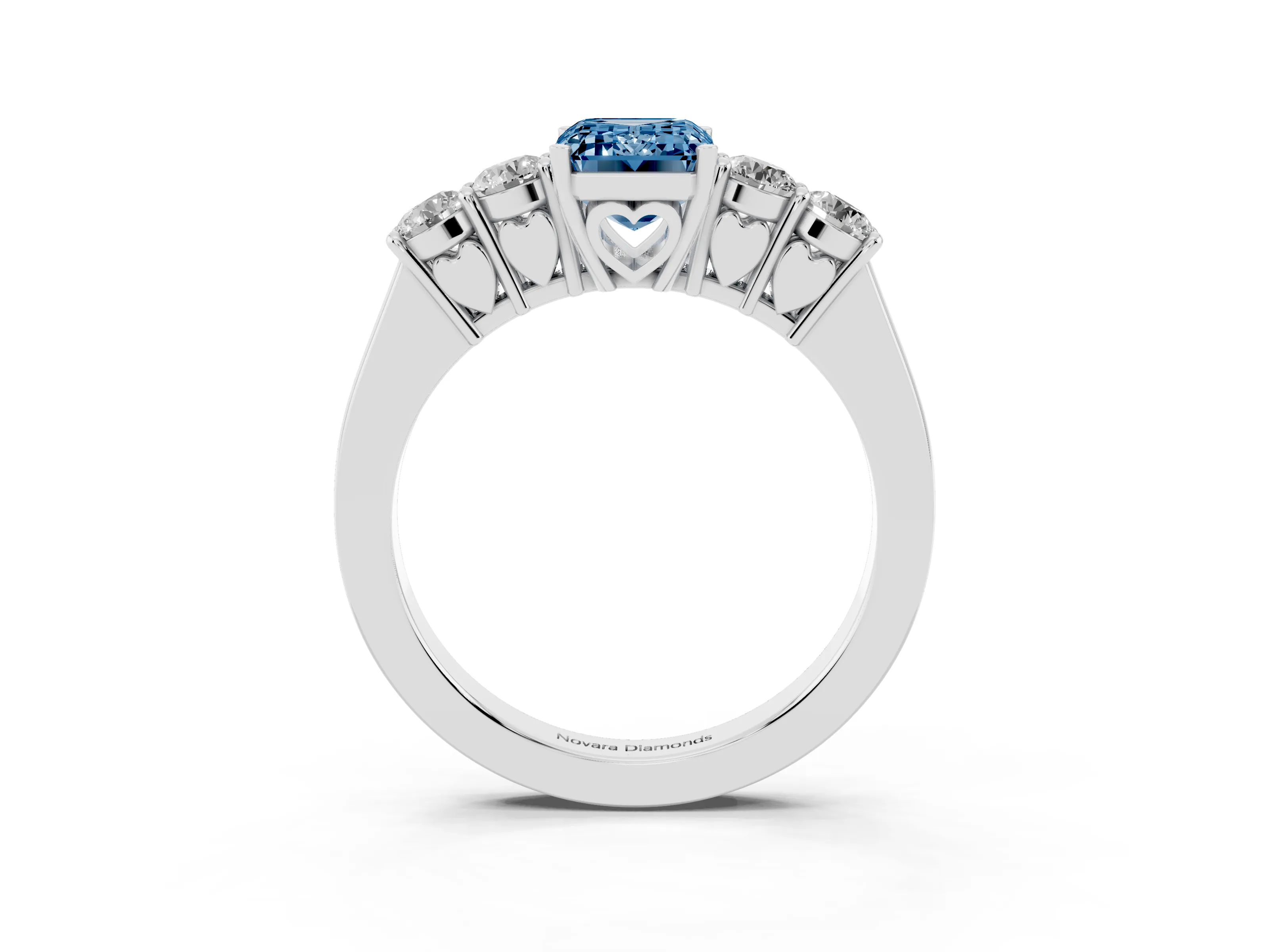 Fancy Blue Emerald Cut Diamond Five-Stone Prong Set Band Ring Set in Platinum with Polished Band