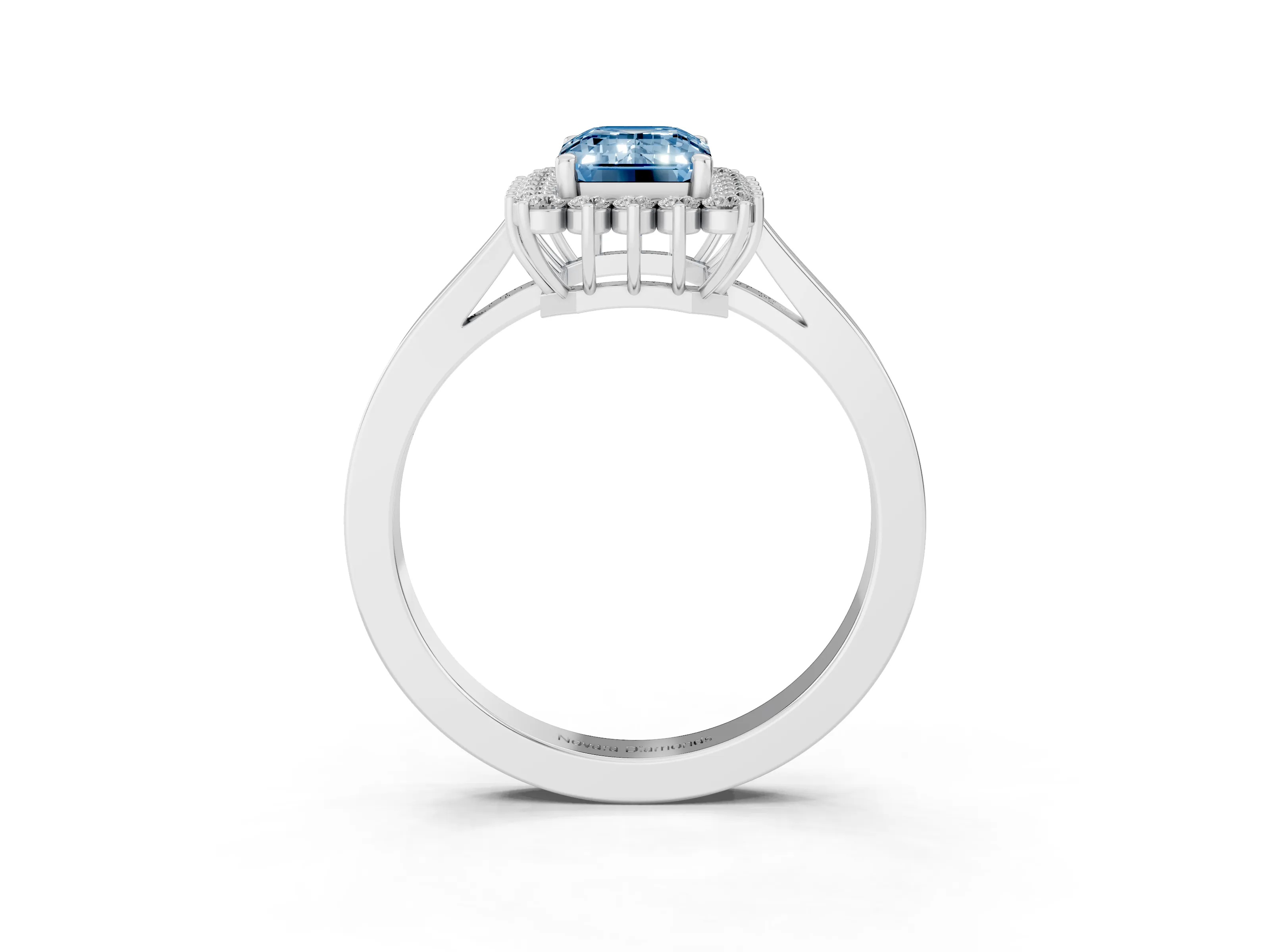 Fancy Blue Emerald Cut Diamond Halo Ring Set in Platinum with Round Halo and Smooth Solitaire Band