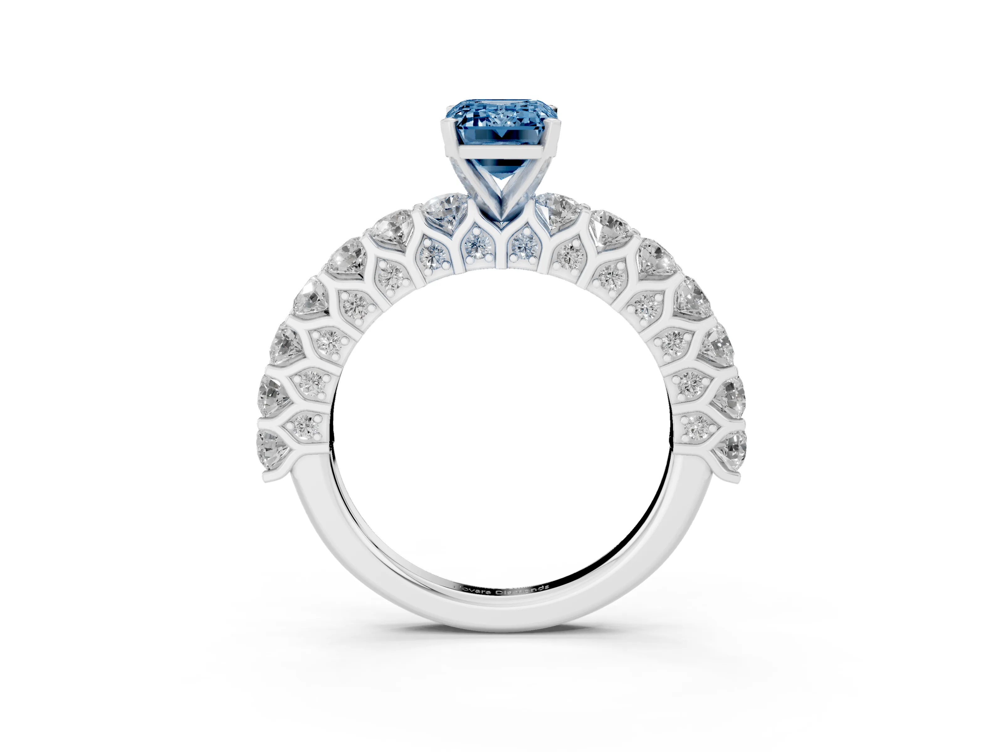 Fancy Blue Emerald Cut Diamond Solitaire Ring Set in Silver with Shared Prong Pavé Band