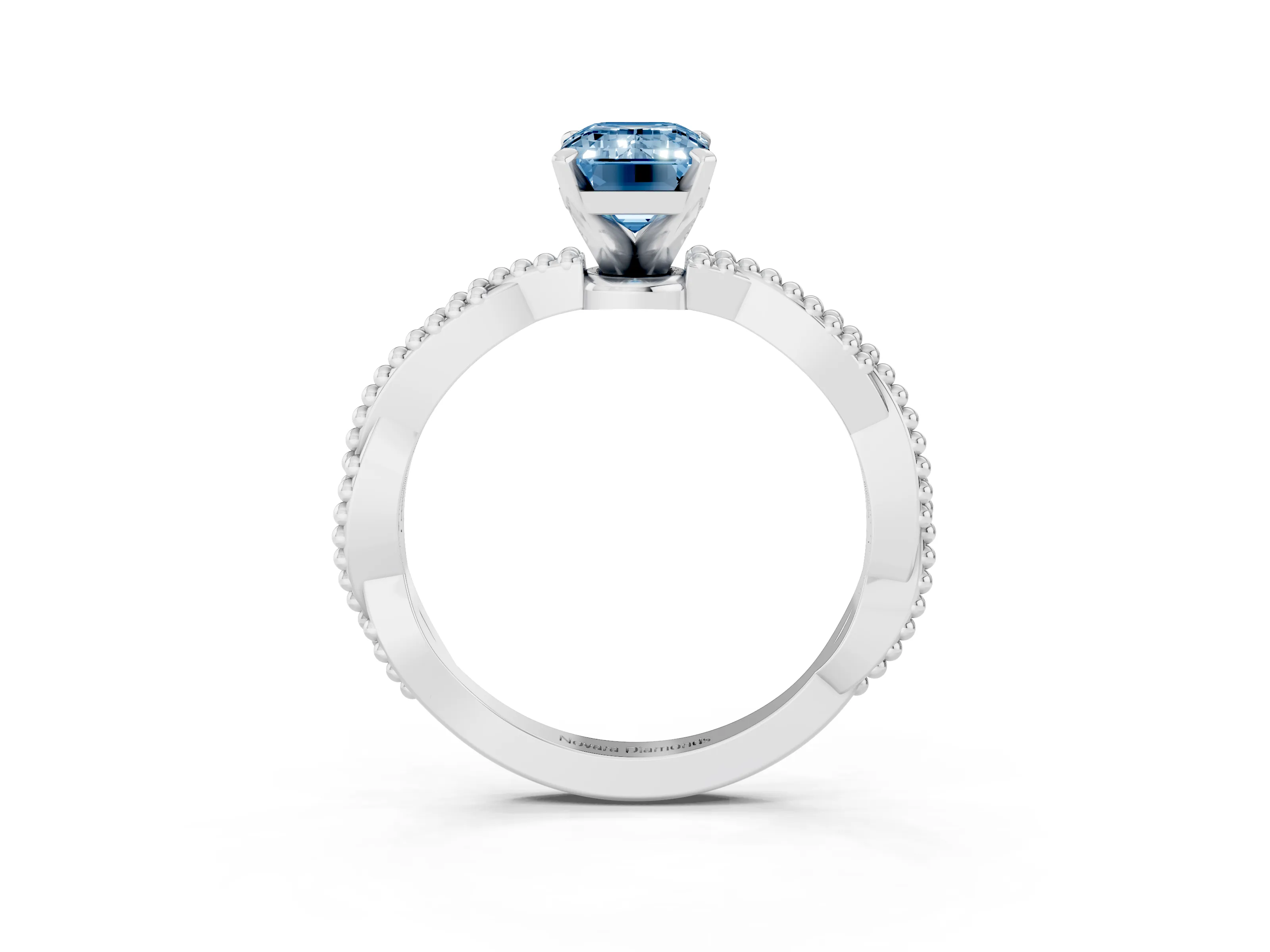 Fancy Blue Emerald Cut Diamond Solitaire Ring Set in White gold with Twisted Band and Bead Prong Setting
