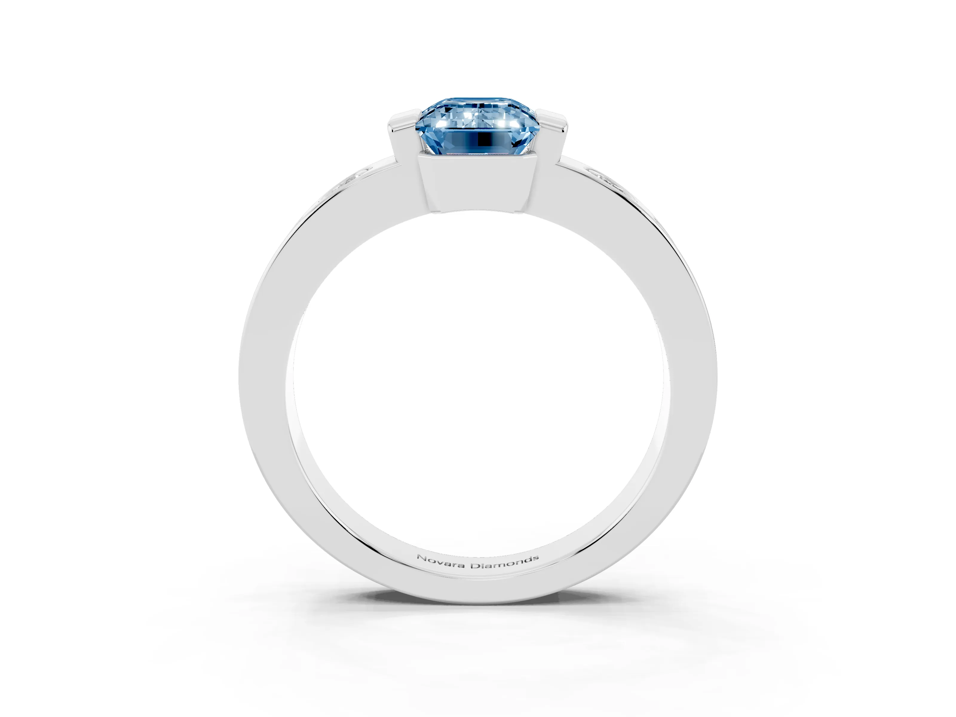 Fancy Blue Emerald Cut Diamond Channel-Set Band Ring Set in Platinum with Bezel Prong Setting