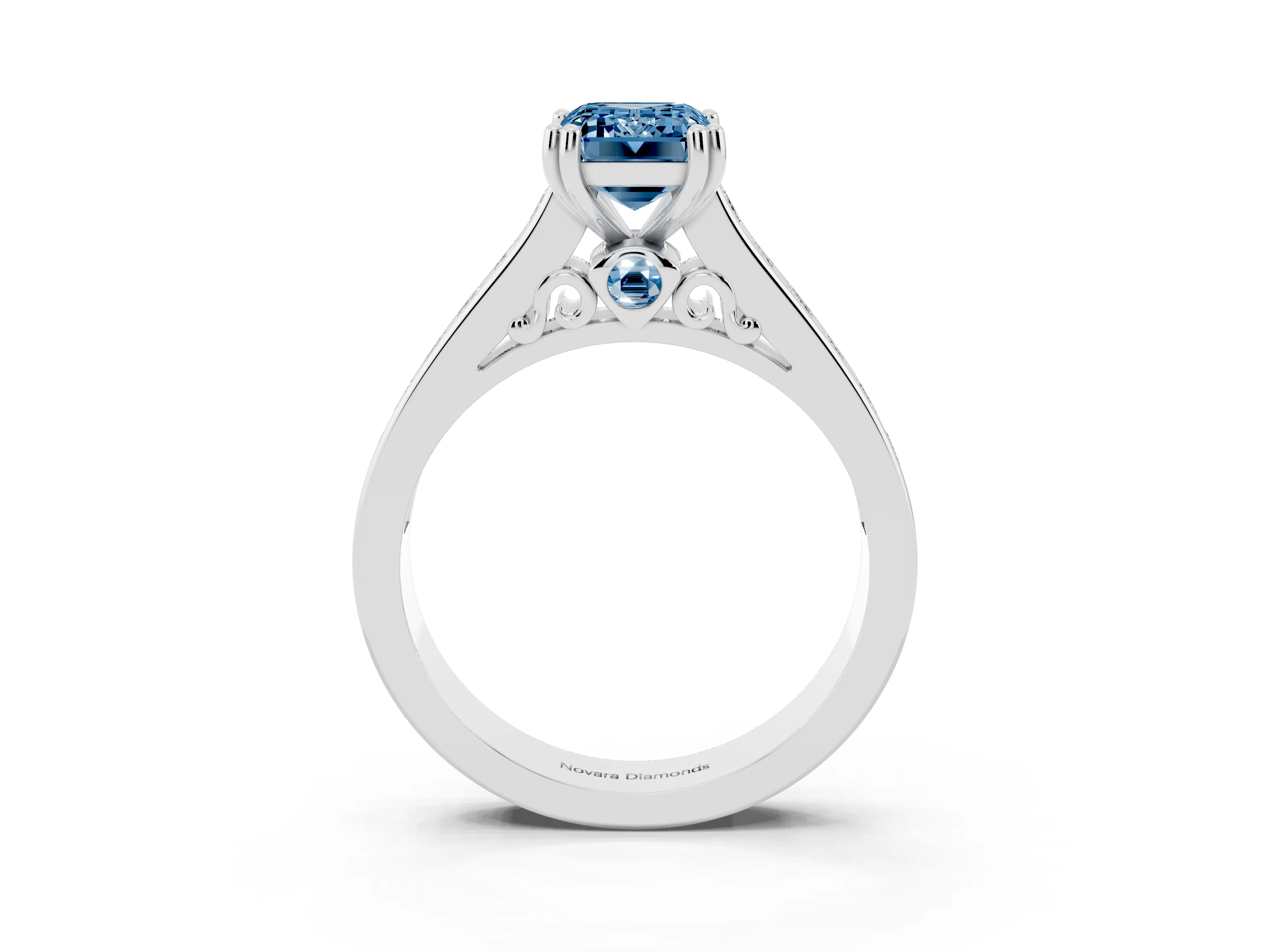 Fancy Blue Emerald Cut Diamond Channel Set Solitaire Engagement Ring Set in Platinum with Prong Setting