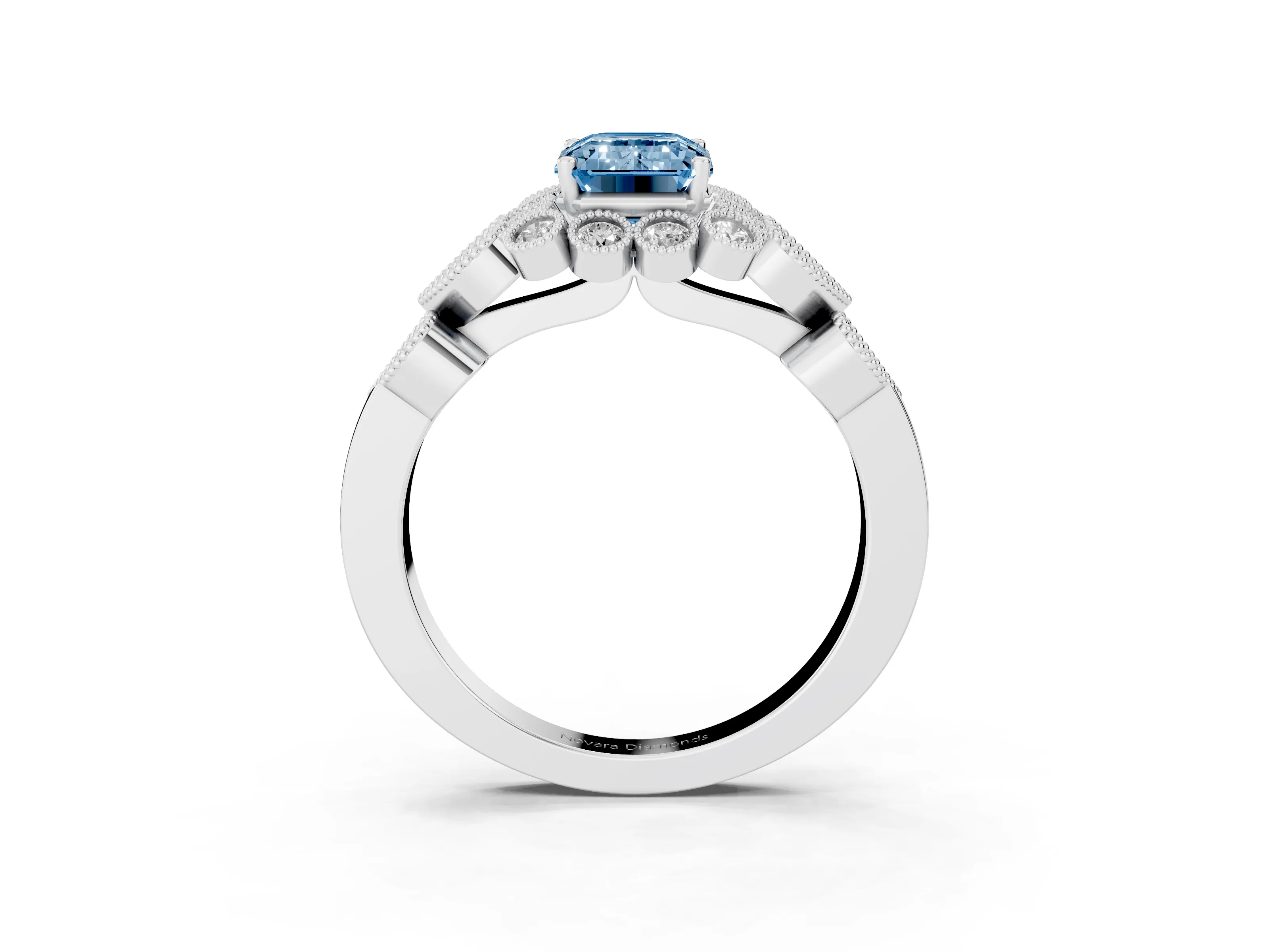 Fancy Blue Emerald Cut Diamond Solitaire Ring Set in Platinum with Milgrain Pavé Heart Band