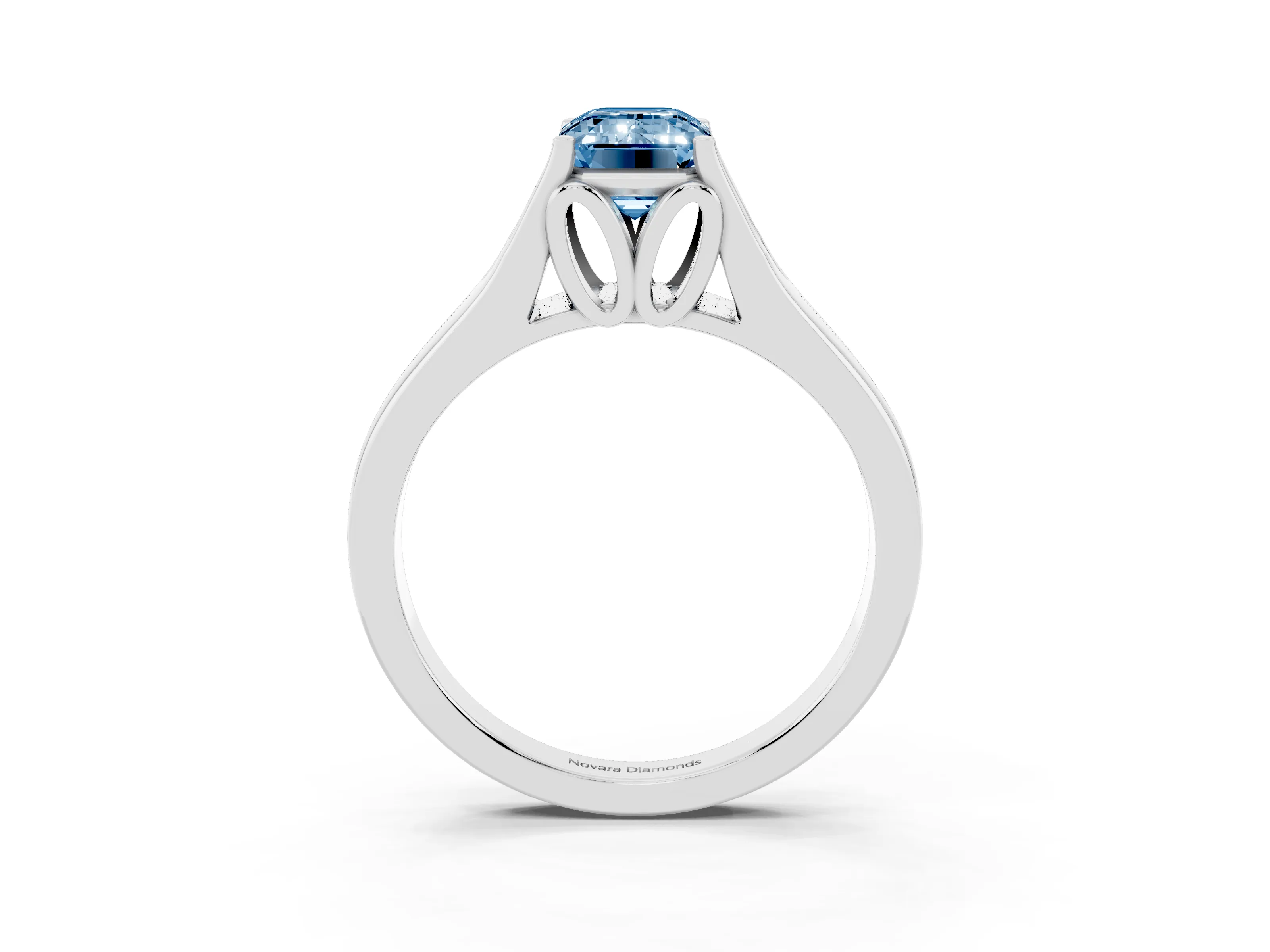 Fancy Blue Emerald Cut Diamond Solitaire Ring Set in Platinum with Arched Cathedral Band and Prong Setting