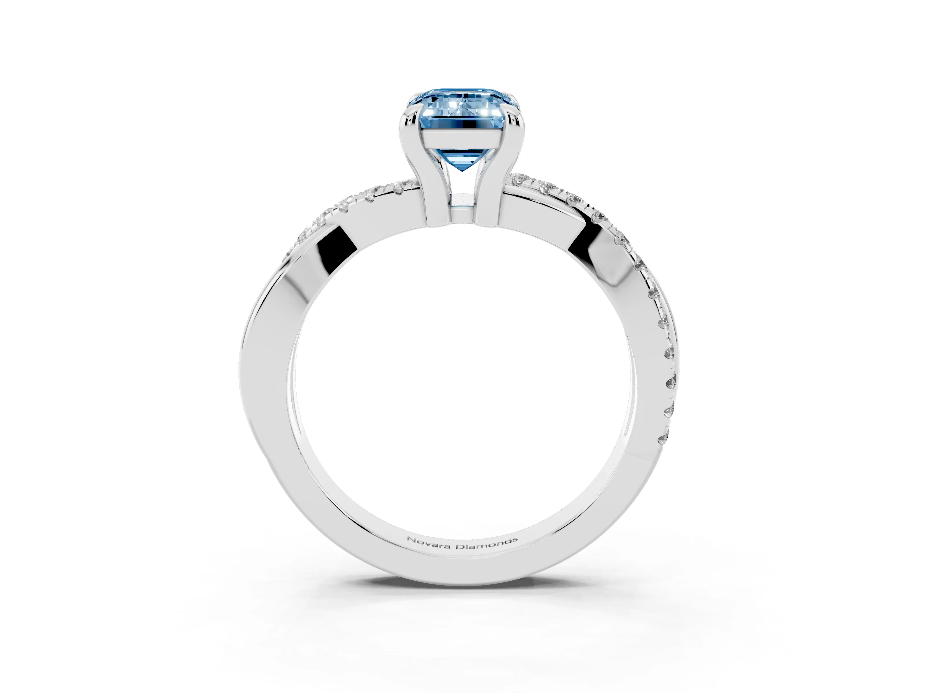 Fancy Blue Emerald Cut Diamond Twist Band Solitaire Set in White gold with Pavé Accents and Prong Setting
