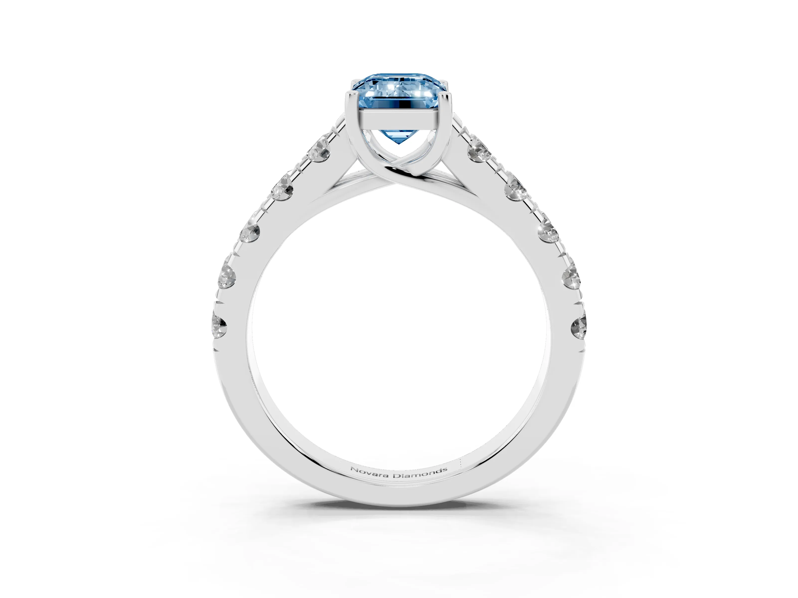 Fancy Blue Emerald Cut Diamond Solitaire Ring Set in Silver with Cut-Down Micro Pavé Band and Prong Setting