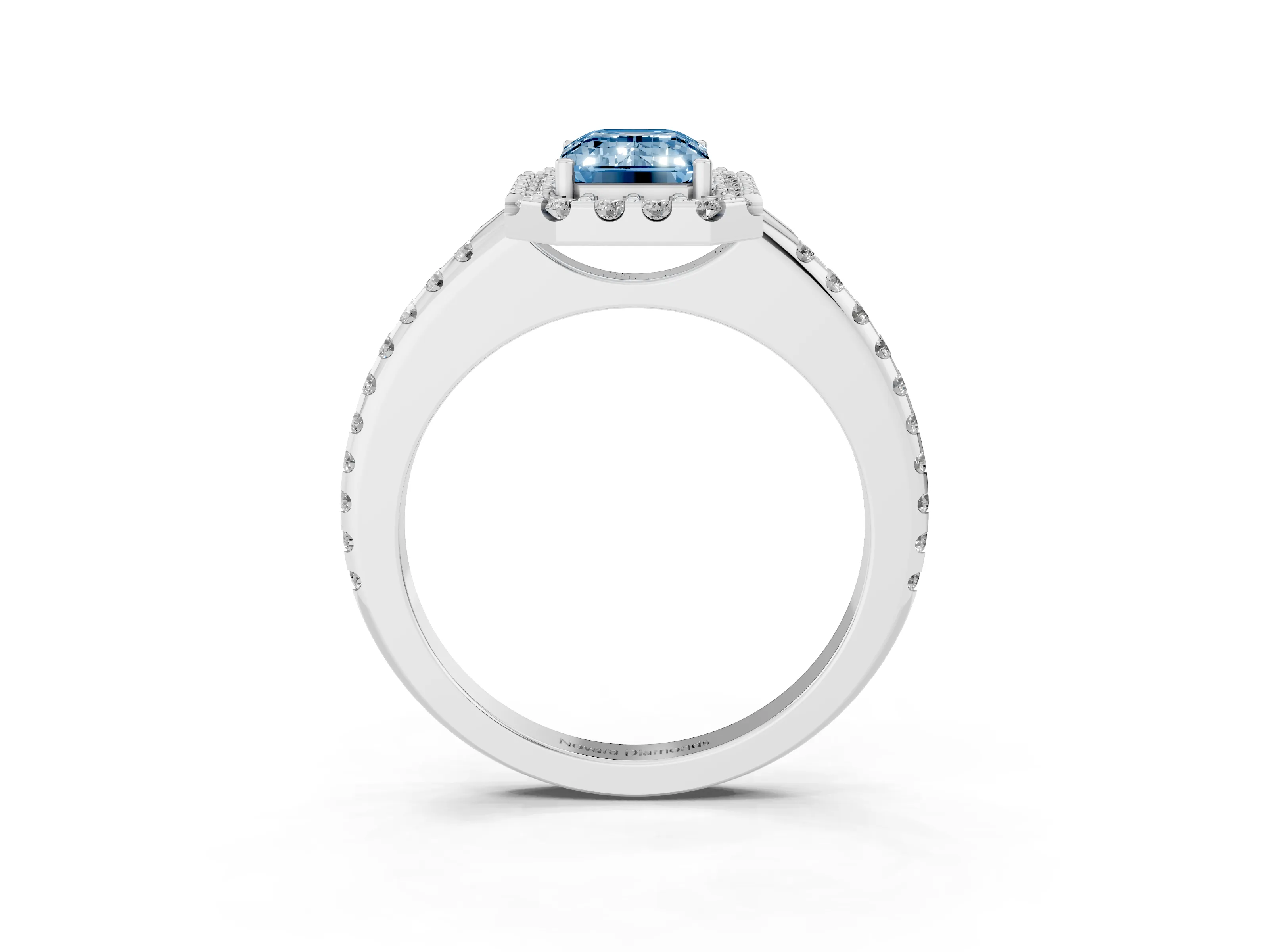 Fancy Blue Emerald Cut Diamond Pavé Halo Ring Set in Platinum with Prong Setting