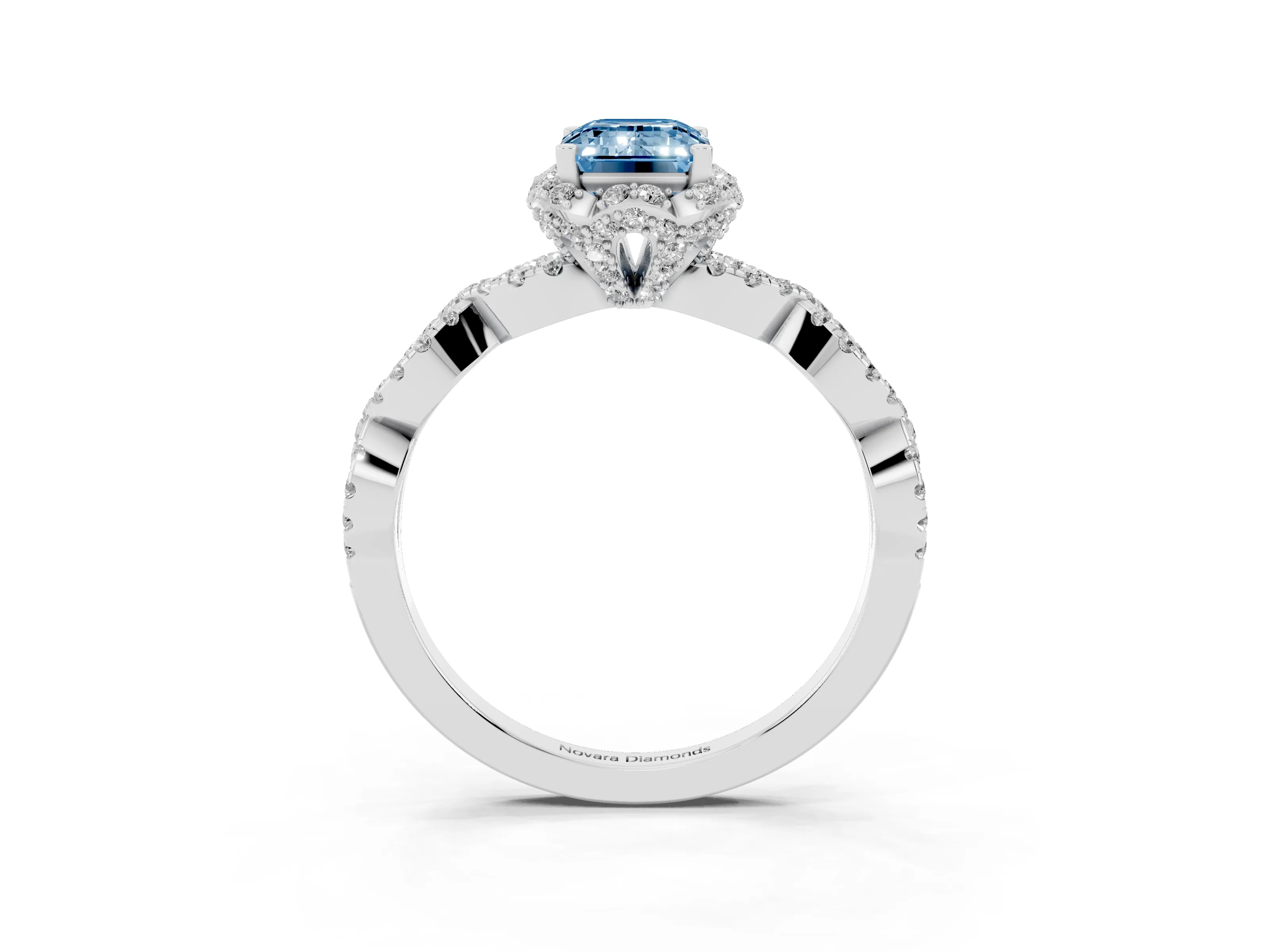 Fancy Blue Emerald Cut Diamond Halo Twist Band Solitaire Ring Set in Platinum with Prong-Set Center Stone