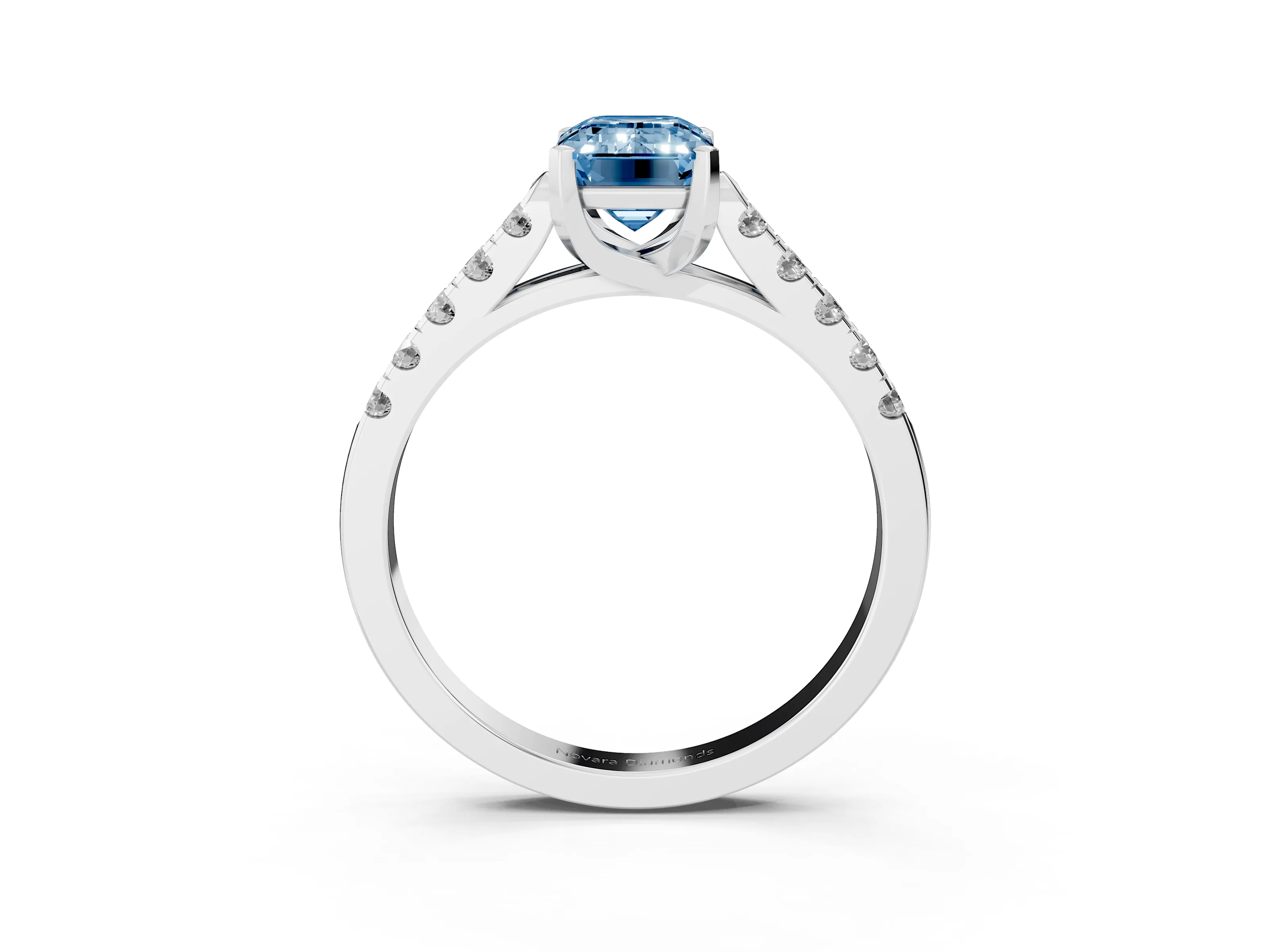 Fancy Blue Emerald Cut Diamond Pavé Band Solitaire Ring Set in White gold with Partway Accent Stones and Prong Setting
