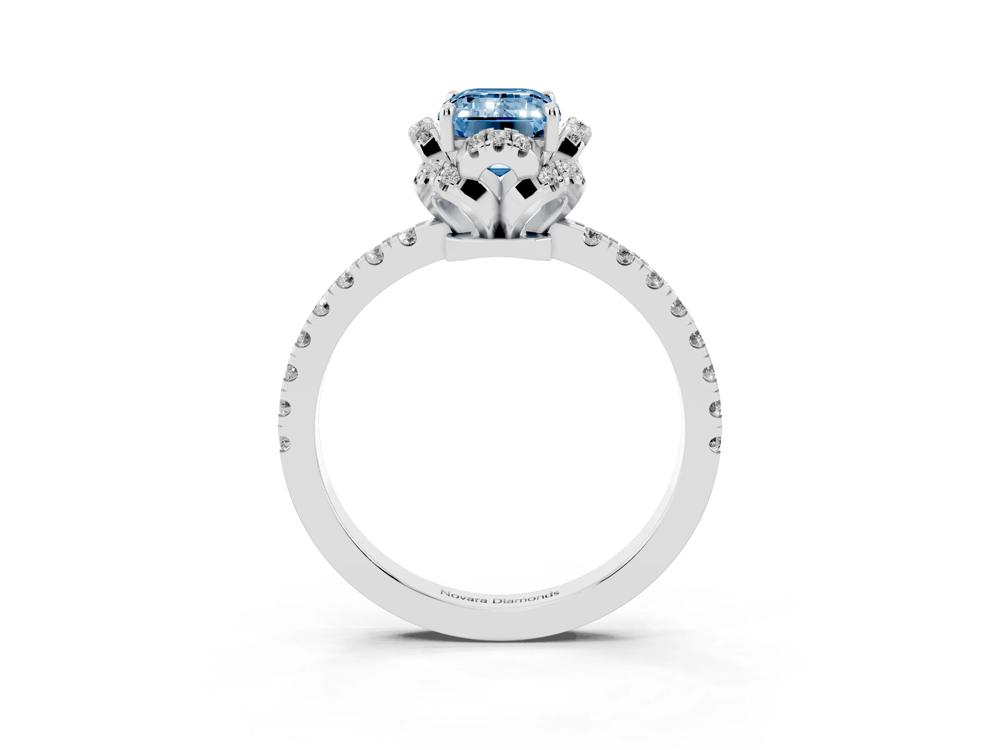 Fancy Blue Emerald Cut Diamond Halo Pavé Band Ring Set in Platinum with Prong-Held Center