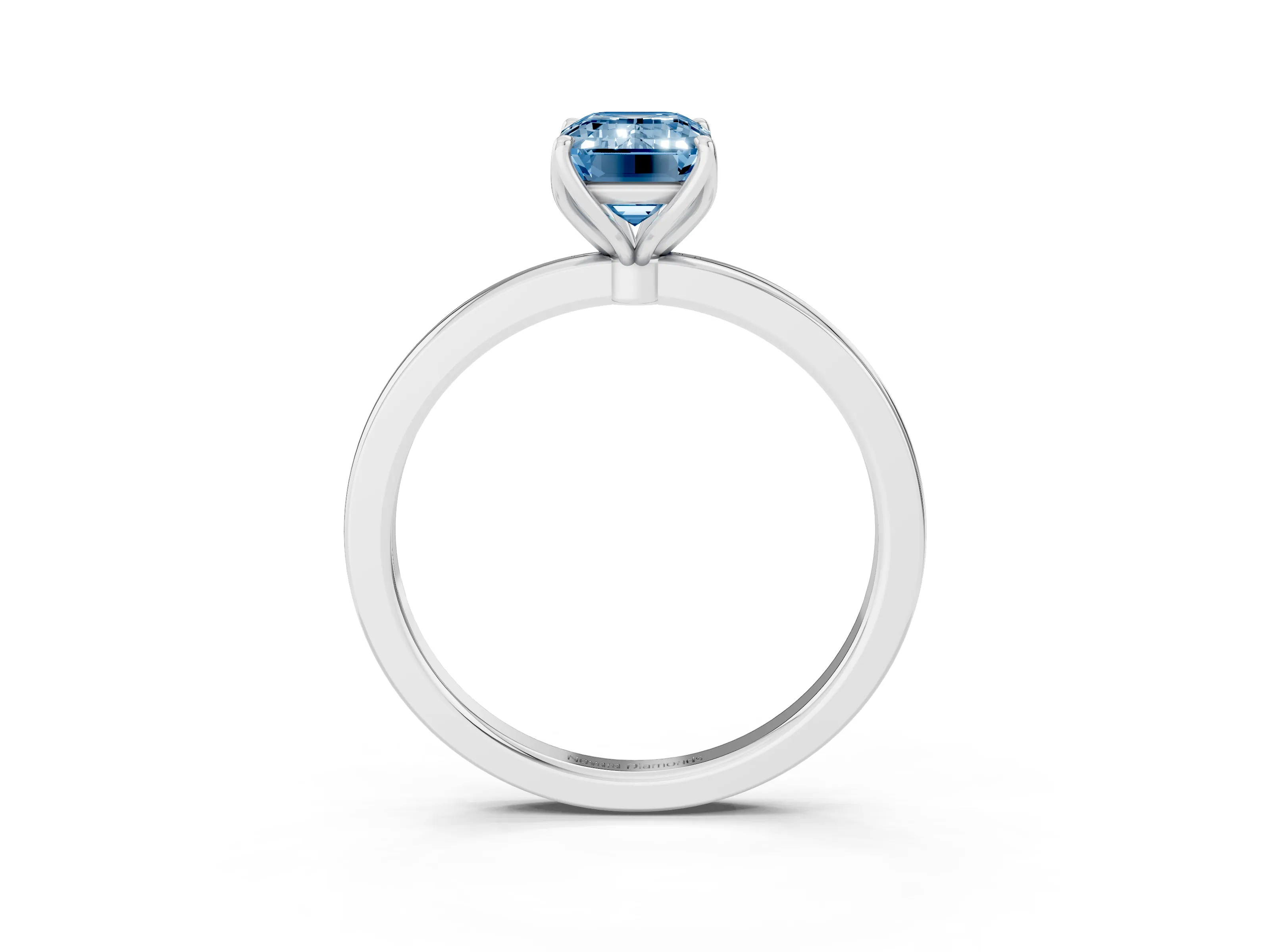 Fancy Blue Emerald Cut Diamond Solitaire Ring Set in White gold with Prong Setting and Thin Polished Band