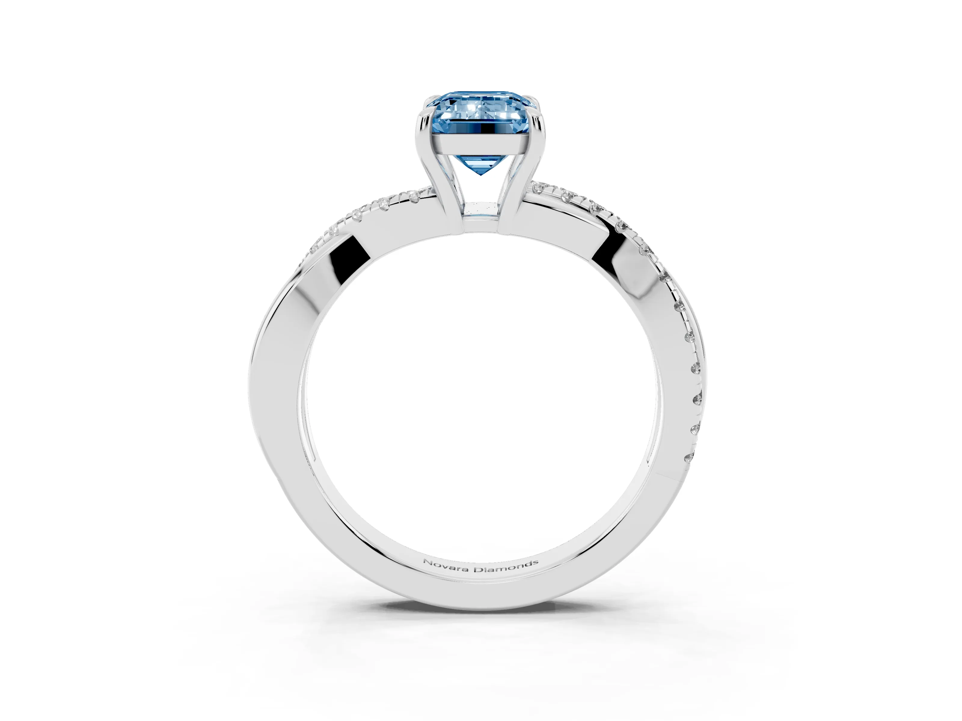 Fancy Blue Emerald Cut Diamond Twisted Pavé Band Ring Set in Silver with Prong Setting