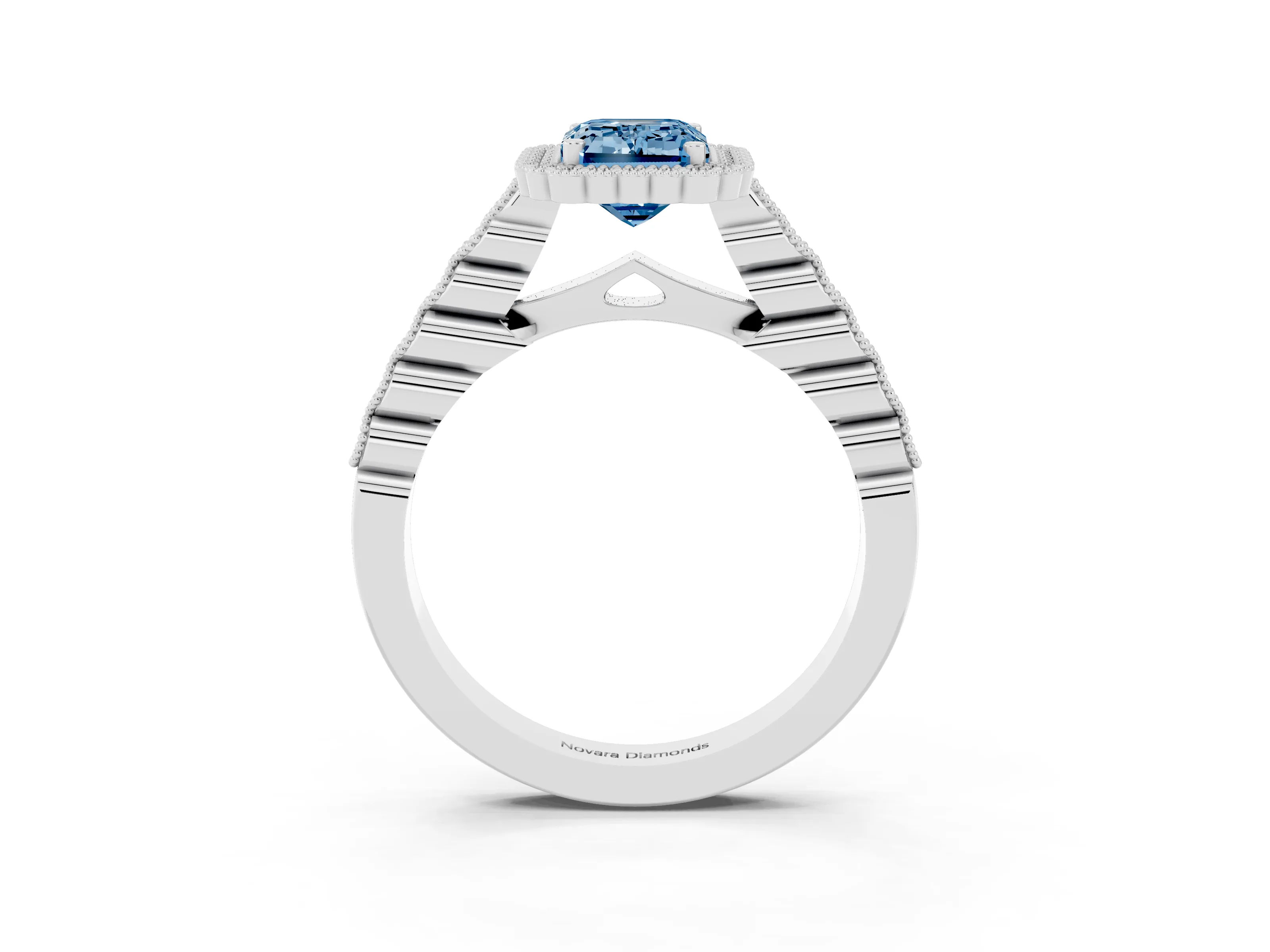 Fancy Blue Emerald Cut Diamond Halo Ring Set in White gold with Pavé Milgrain Band