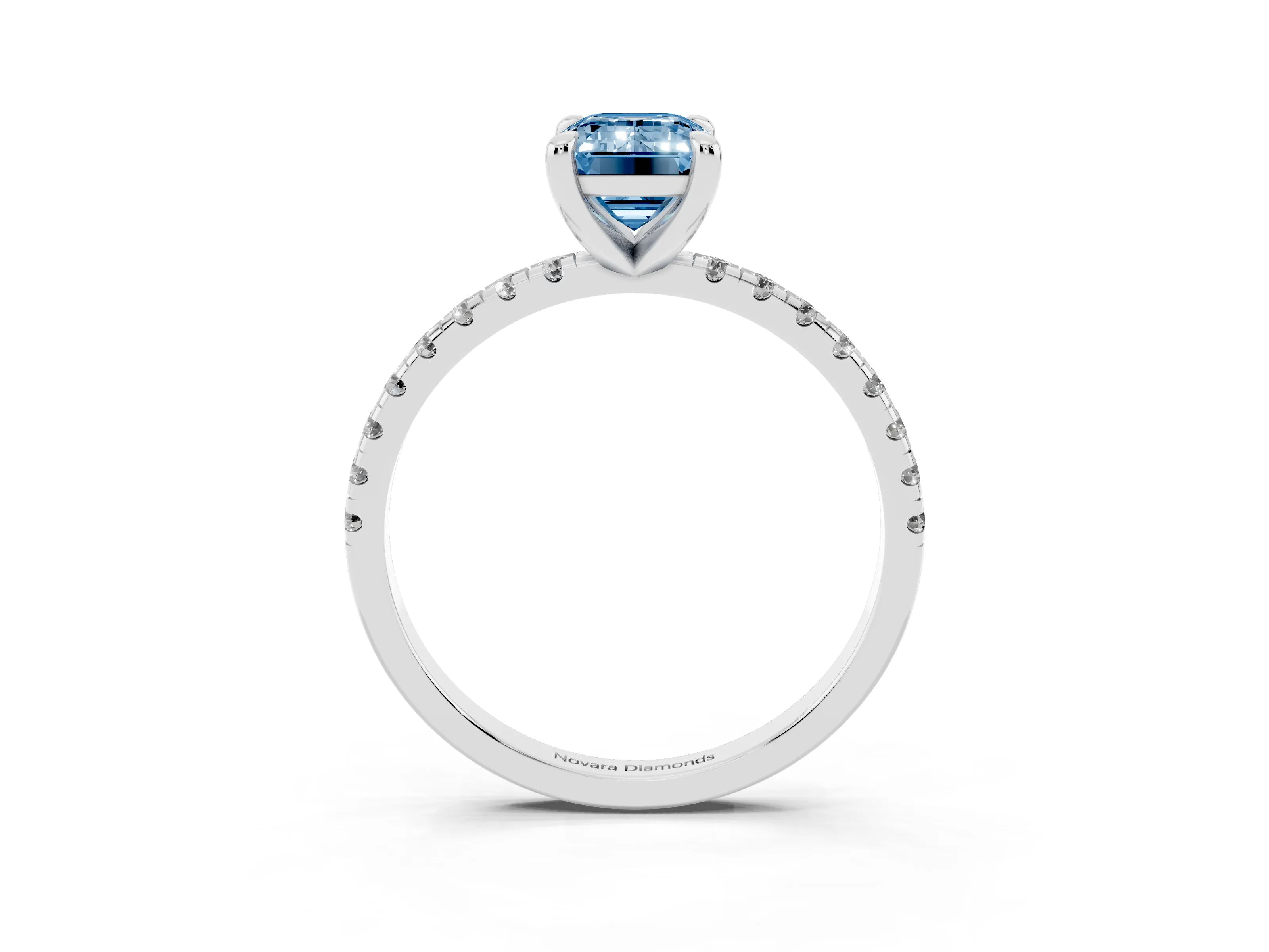 Fancy Blue Emerald Cut Diamond Brilliant Solitaire Ring Set in White gold with Pavé Band and Prong Setting