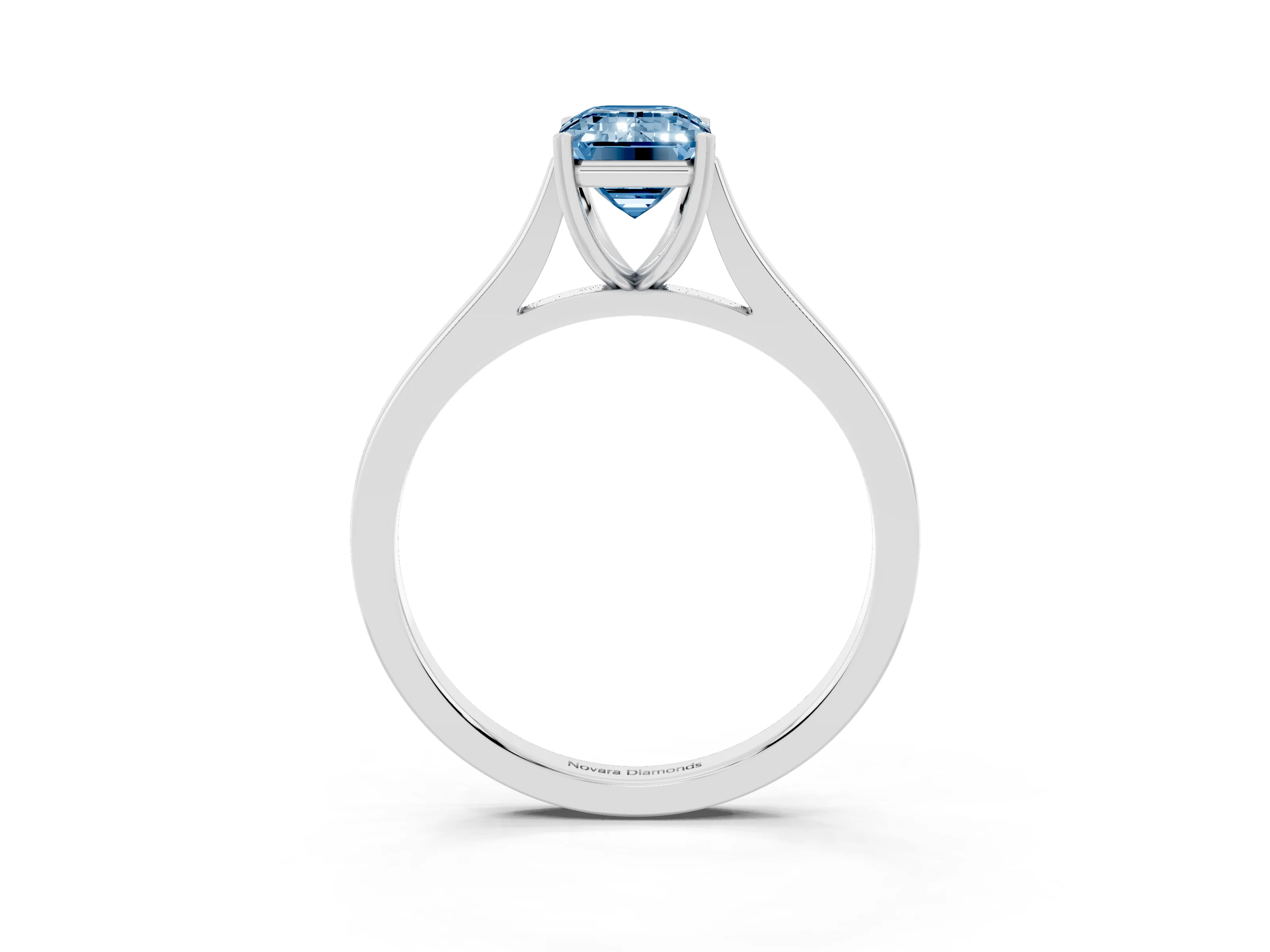 Fancy Blue Emerald Cut Diamond Solitaire Heart Prong Engagement Ring Set in Silver with Tapered Band