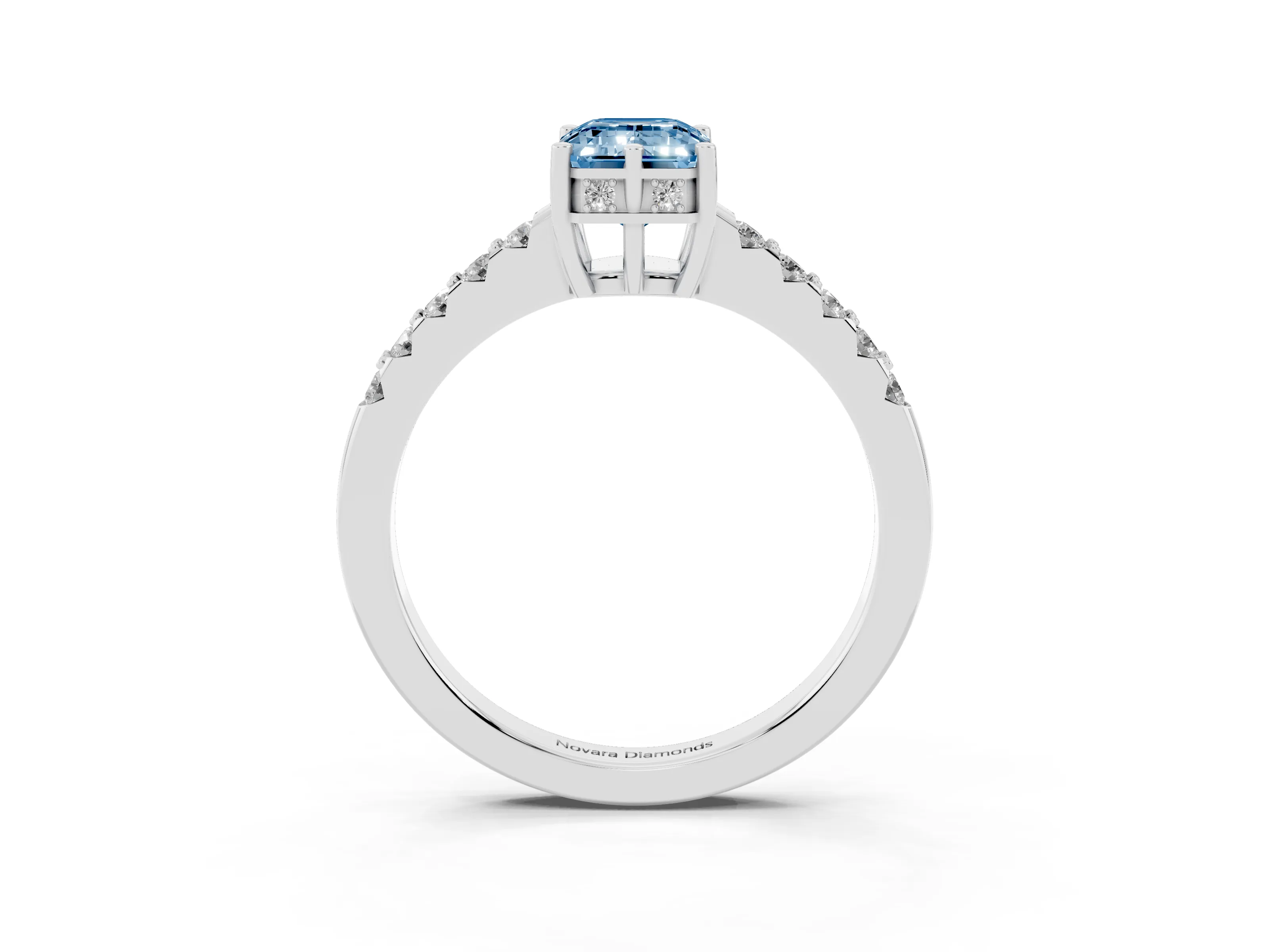 Fancy Blue Emerald Cut Diamond Solitaire Engagement Ring Set in Silver with Pavé Band and Prong Setting