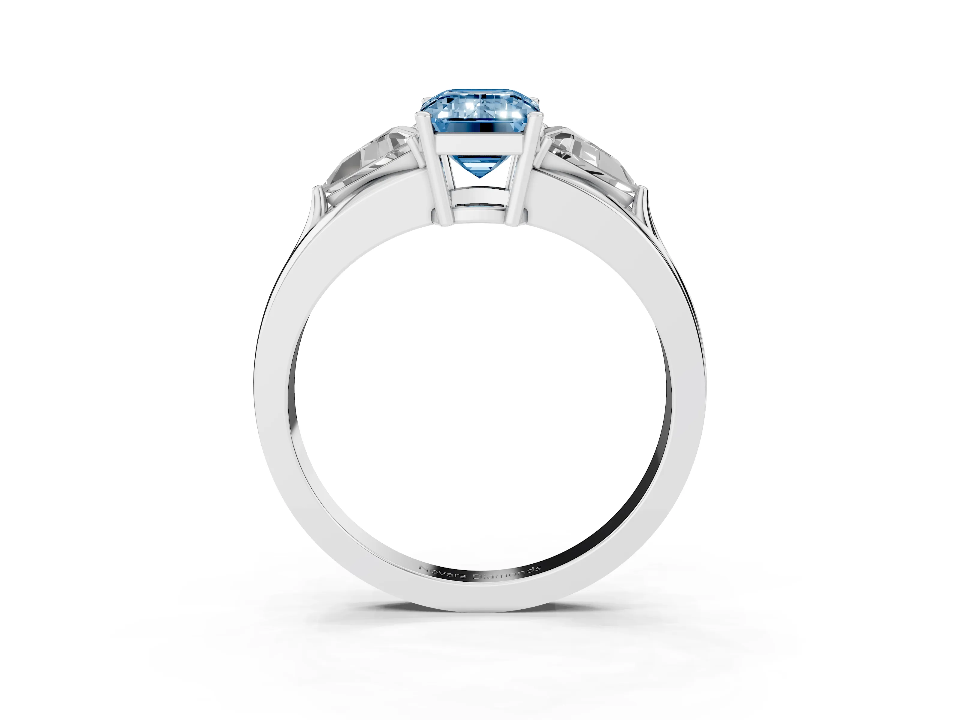 Fancy Blue Emerald Cut Diamond Three-Stone Ring Set in Silver with Trillion Side Stones and Split Shank