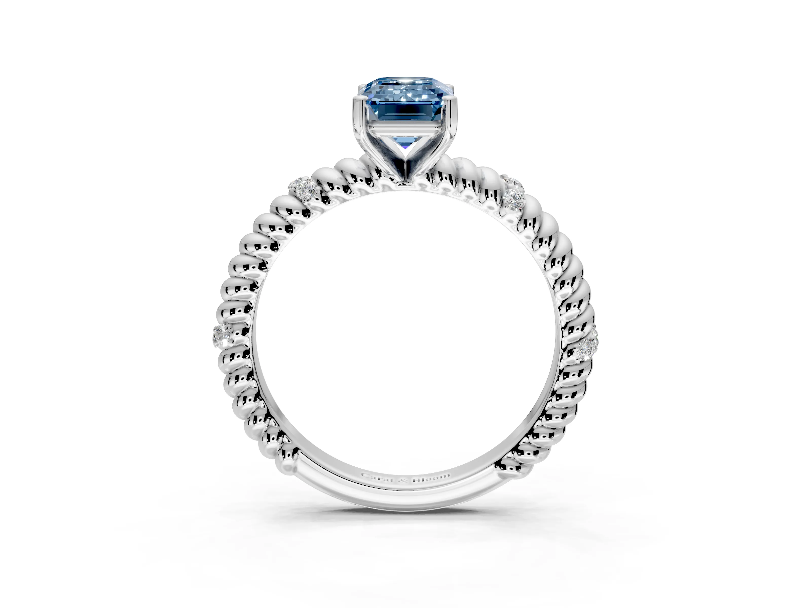 Rope Engagement Ring Setting for Fancy Blue Emerald Cut Center with Accent Shoulders and Prong Head in White Gold