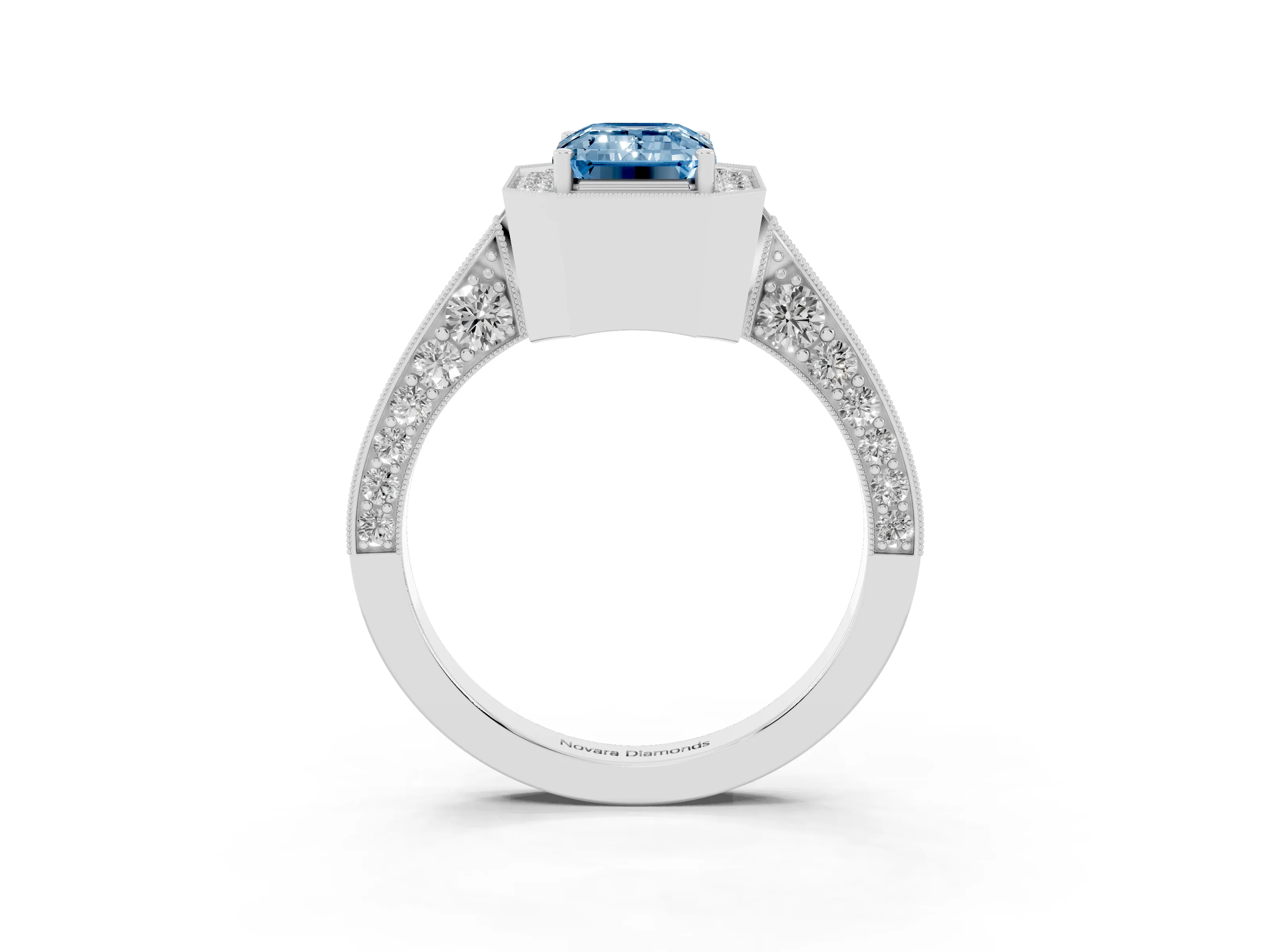 Fancy Blue Emerald Cut Diamond Halo Engagement Ring Set in Silver with Accent Split Shank Band