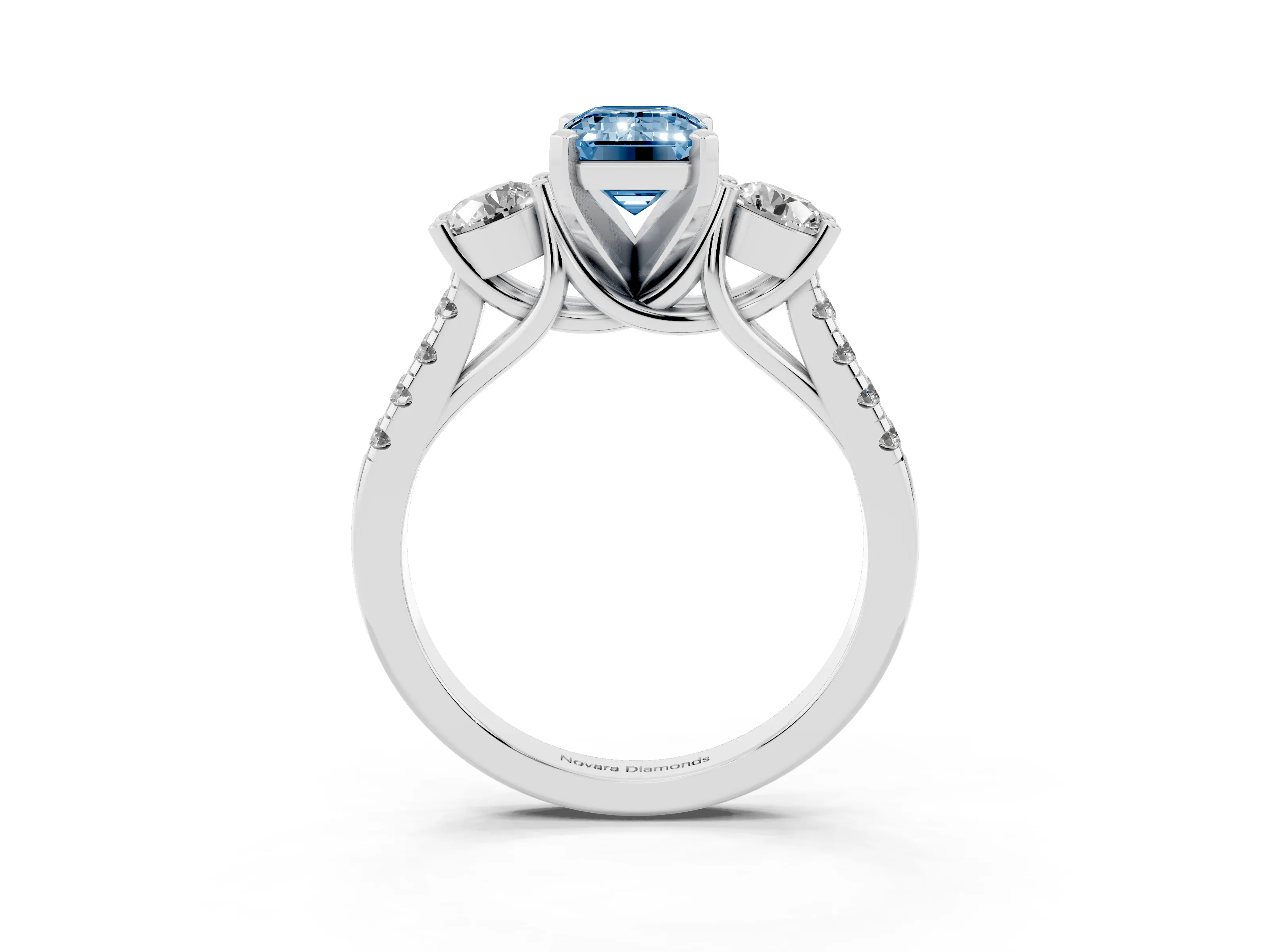 Fancy Blue Three-Stone Emerald Cut Diamond Pavé Band Ring Set in Platinum with Prong-Set Trio