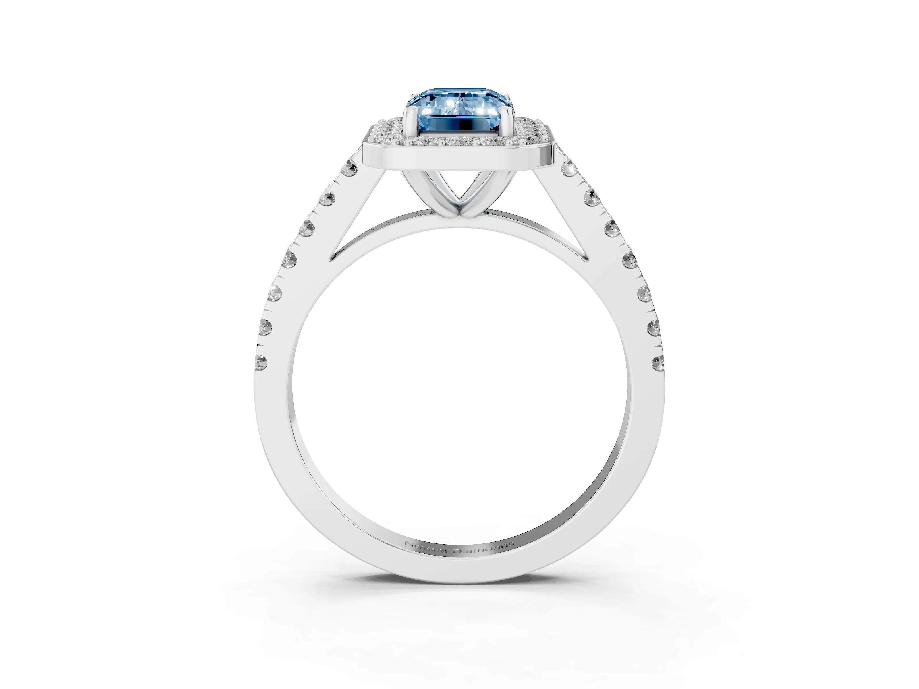 Fancy Blue Emerald Cut Diamond Halo Ring Set in Silver with Round Pavé Split Shank and Prong Setting