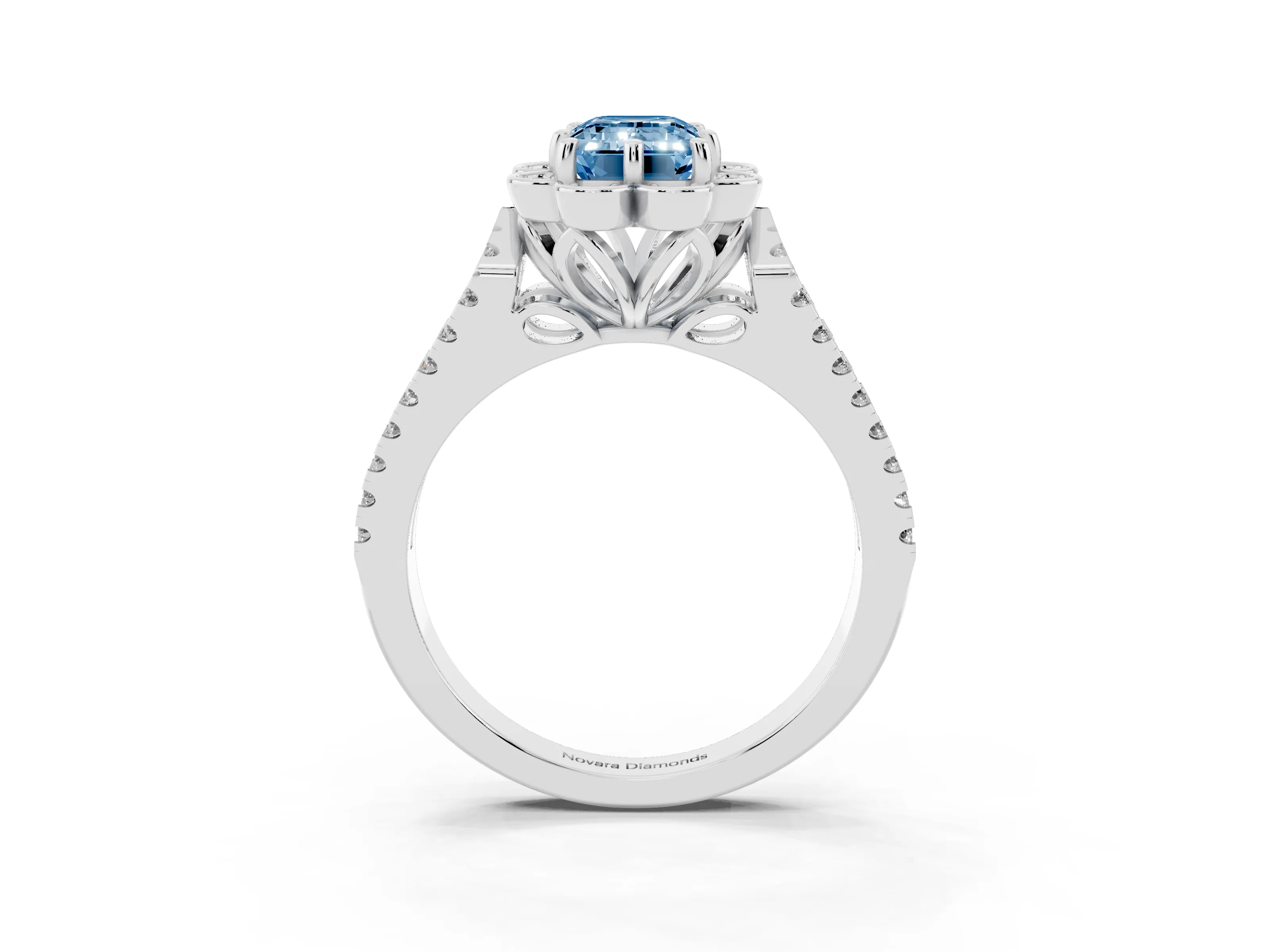 Fancy Blue Emerald Cut Diamond Floral Halo Split Shank Engagement Ring Set in Platinum with Pavé Shank