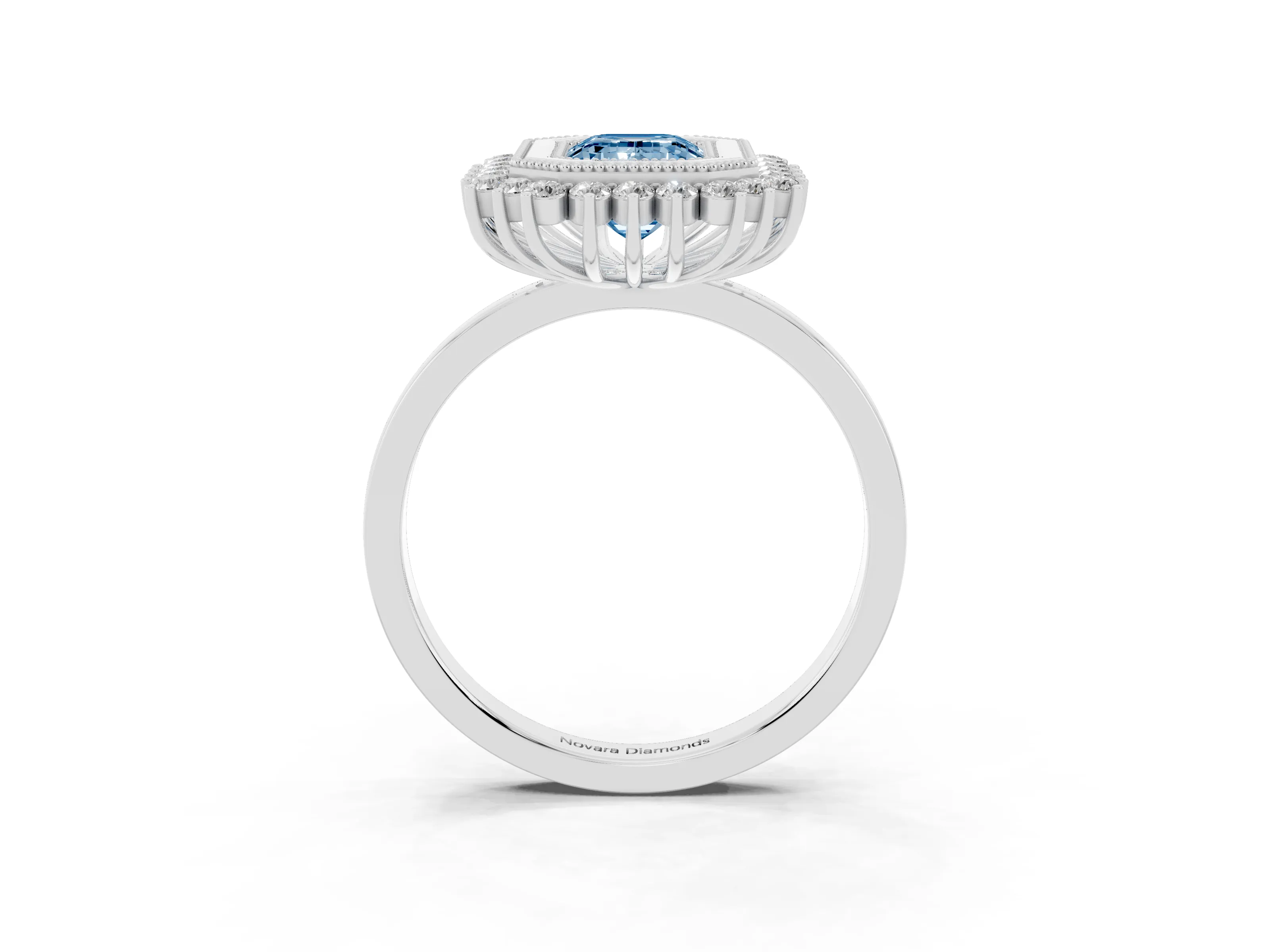 Fancy Blue Emerald Cut Diamond Halo Ring Set in Silver with Milgrain Edge and Round Prong Setting