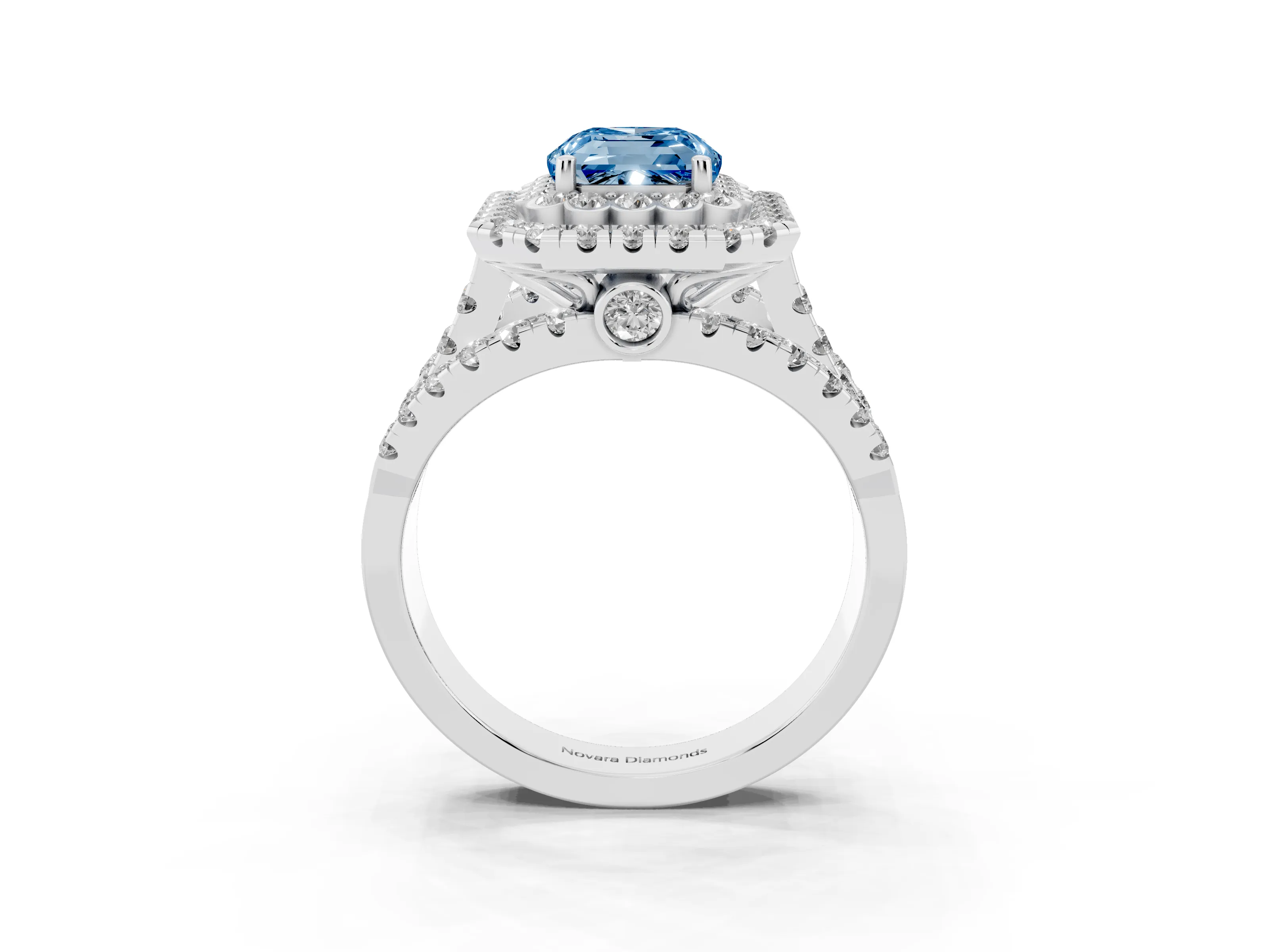 Fancy Blue Emerald Cut Diamond Double Halo Ring Set in Silver with Round Pavé Split Shank