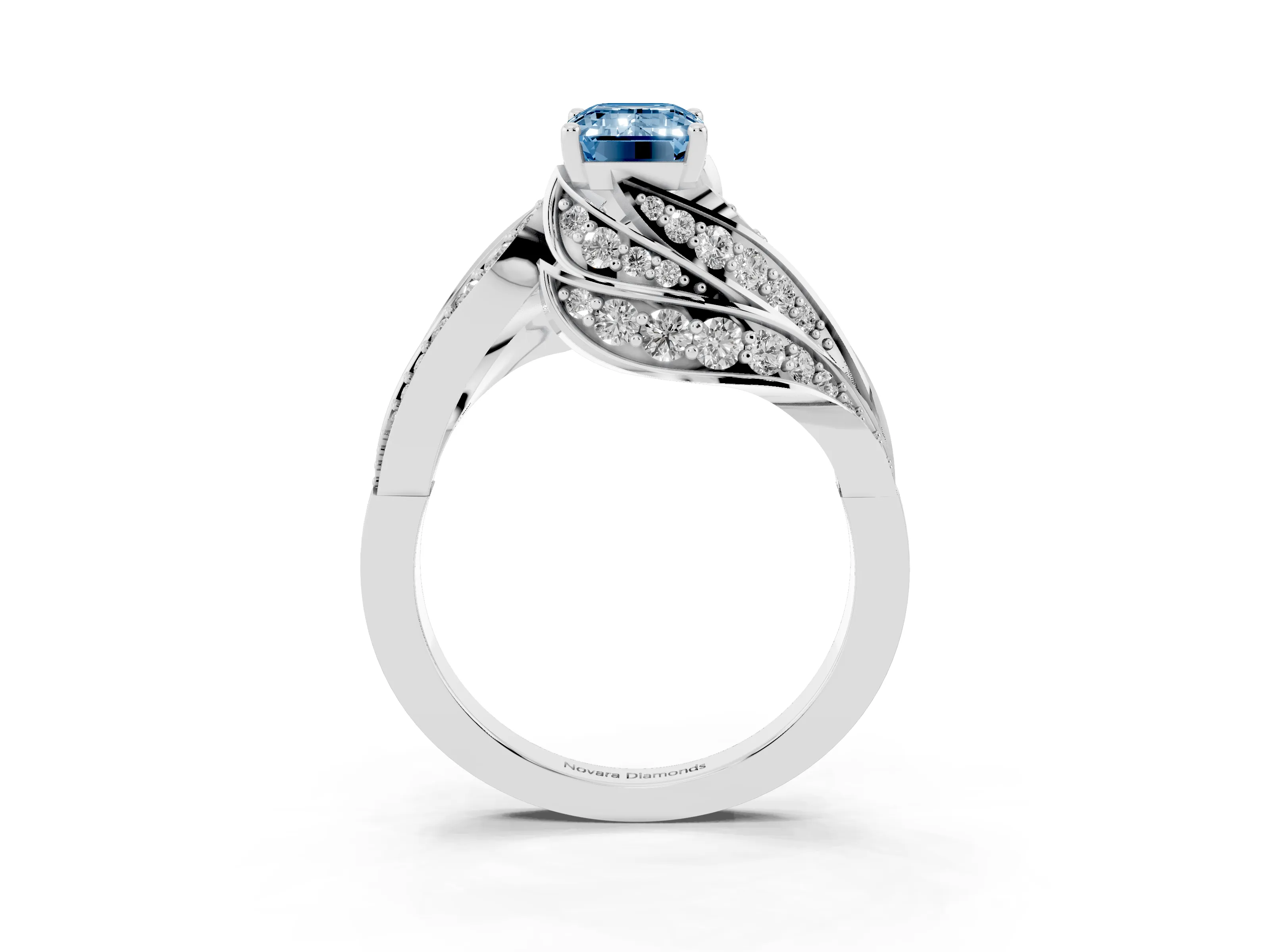 Fancy Blue Emerald Cut Diamond Solitaire Ring Set in Silver with Layered Twist Pavé Band
