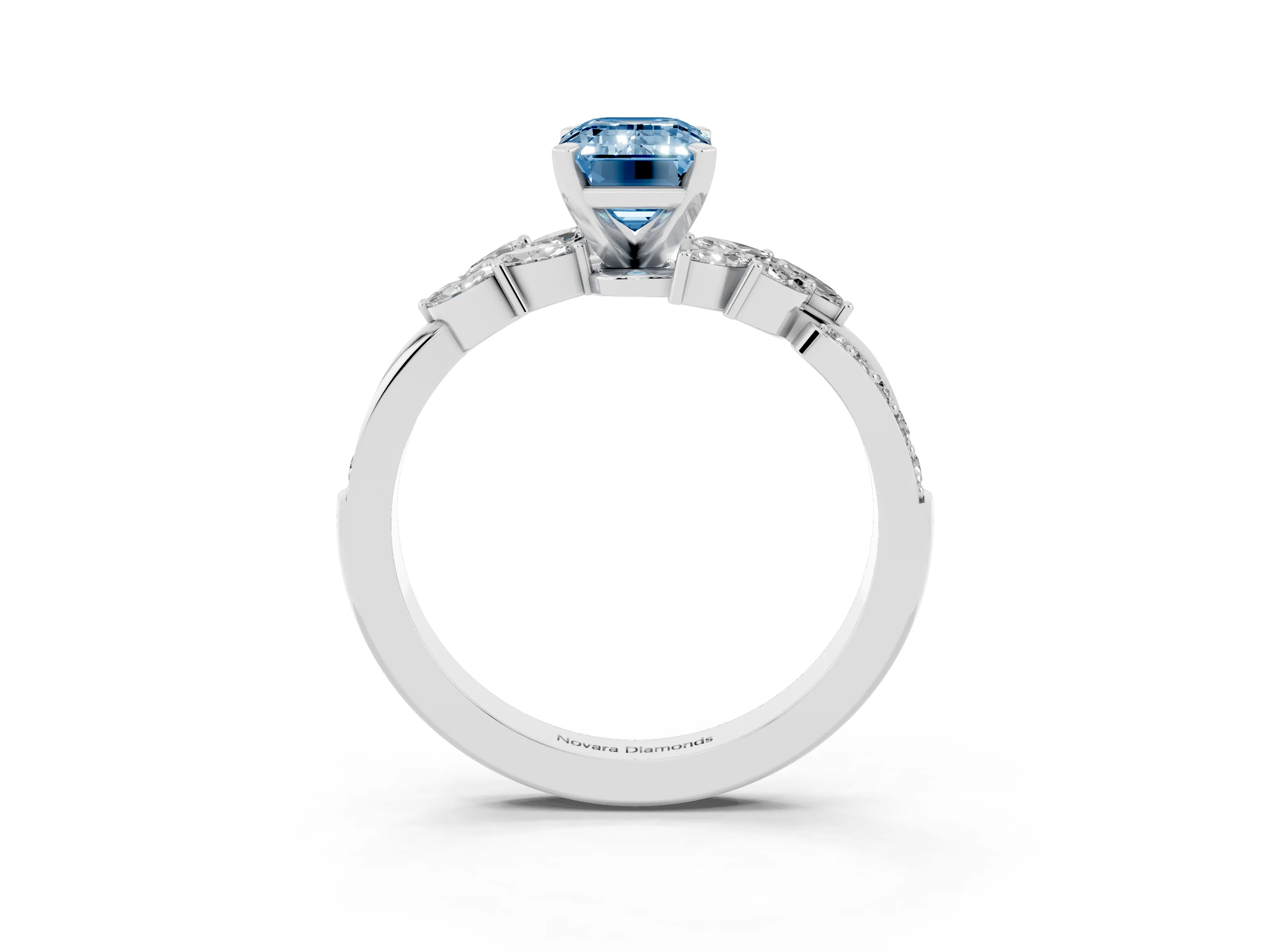 Fancy Blue Emerald Cut Diamond Solitaire Ring Set in Silver with Marquise Twist Band and Prong Setting