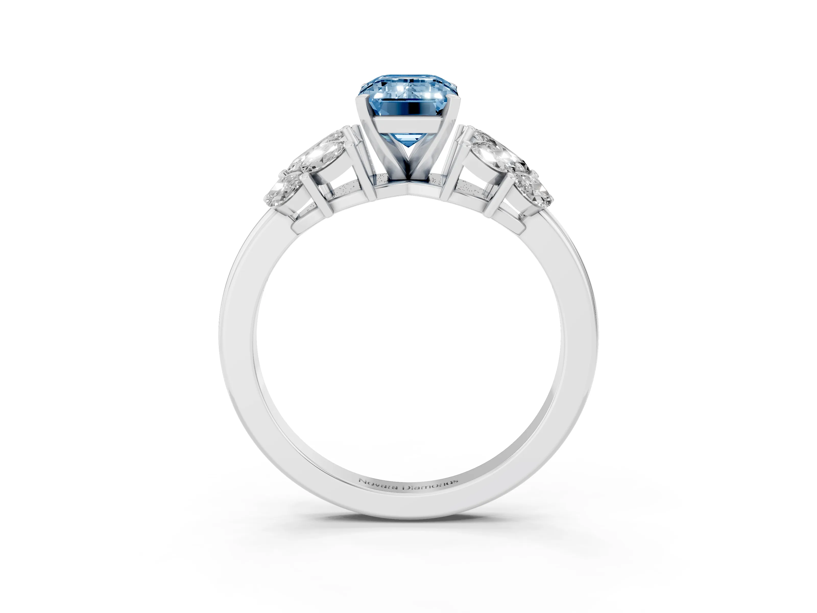 Fancy Blue Emerald Cut Diamond Cluster Leaf Design Ring Set in Platinum with Prong Setting