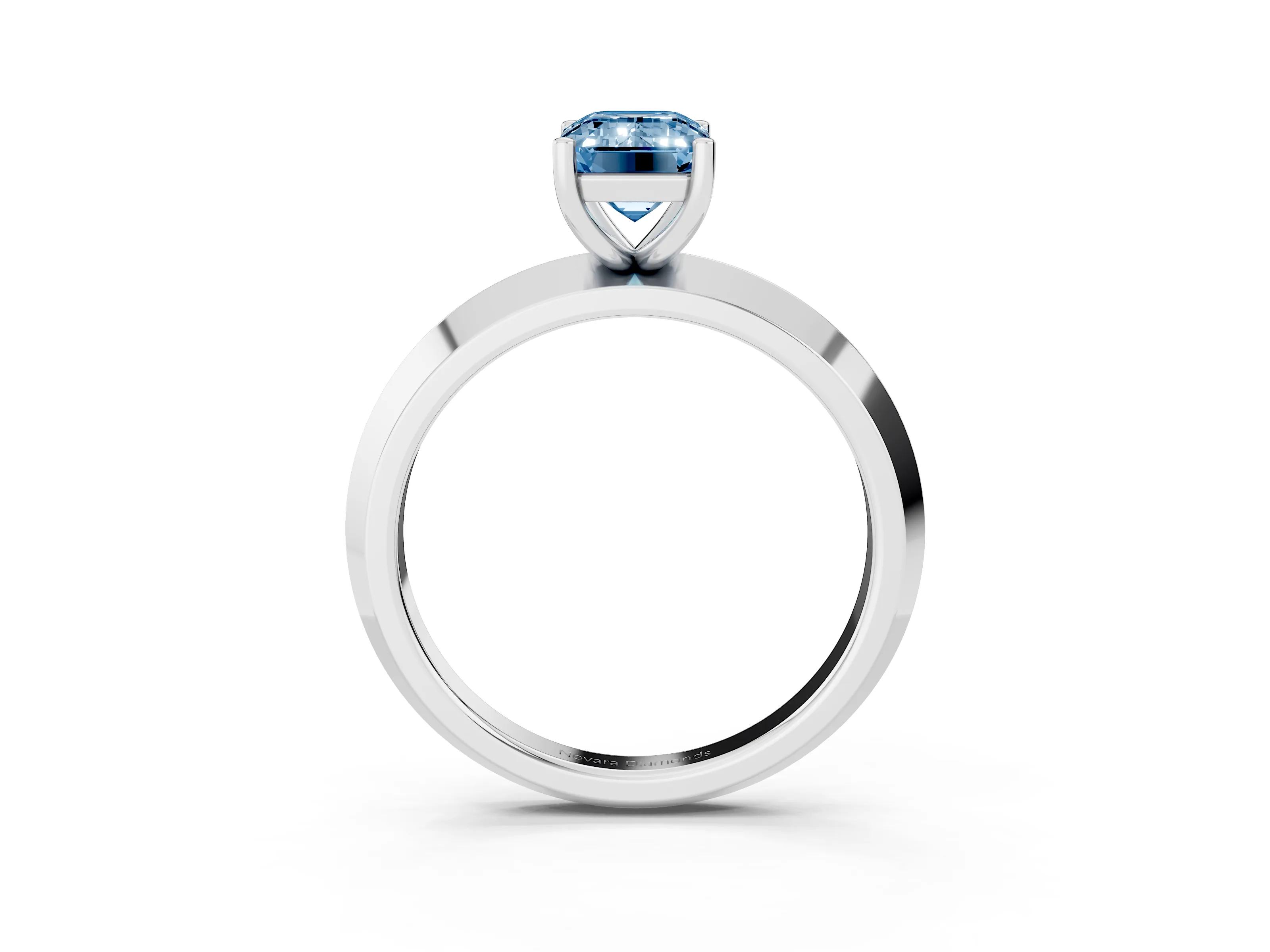 Fancy Blue Emerald Cut Diamond Solitaire Engagement Ring Set in Silver with Flat Band and Prong Setting