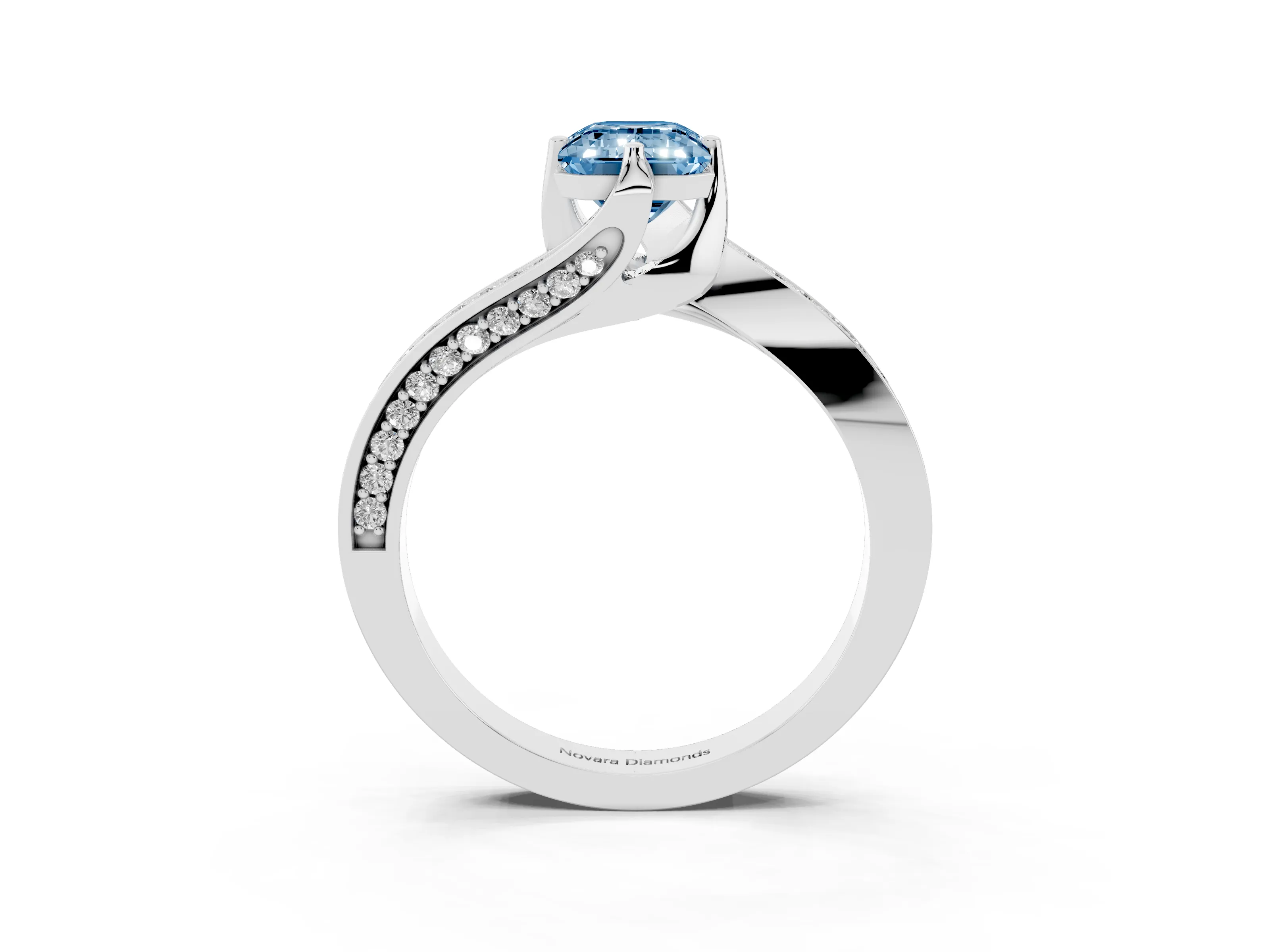 Fancy Blue Emerald Cut Diamond Solitaire Ring Set in Platinum with Intertwined Pavé Twist Band
