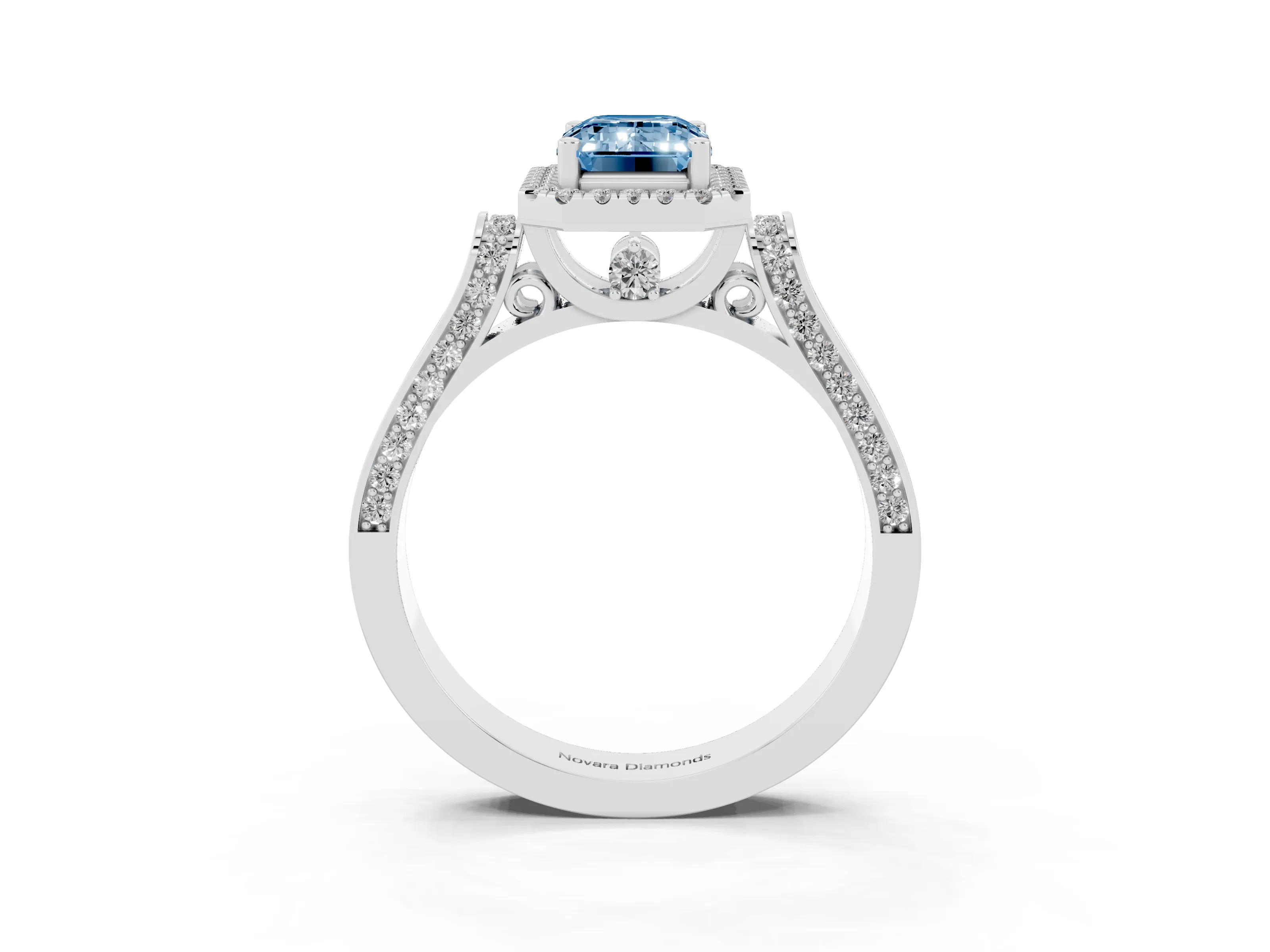 Fancy Blue Emerald Cut Diamond Halo Ring Set in Platinum with Pavé-Lined Split Shank Band