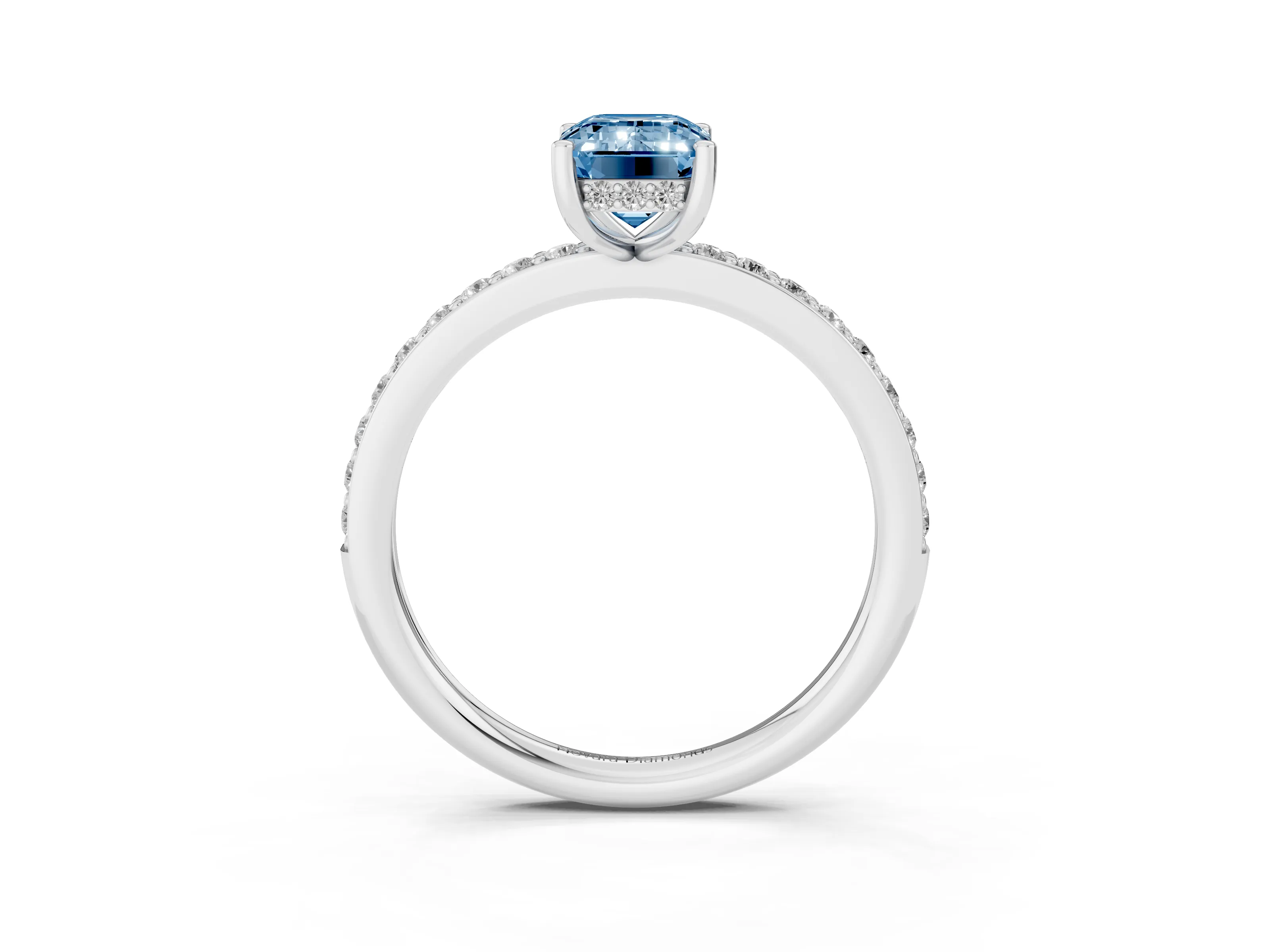 Fancy Blue Emerald Cut Diamond Pavé Band Ring Set in Silver with Prong-Set Center Stone