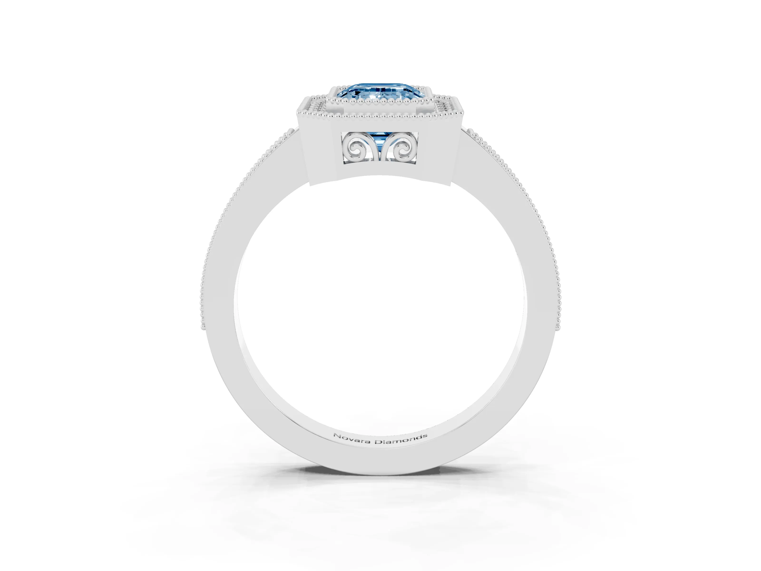 Fancy Blue Emerald Cut Diamond Halo Ring Set in White gold with Pavé Band and Milgrain-Edged Prongs