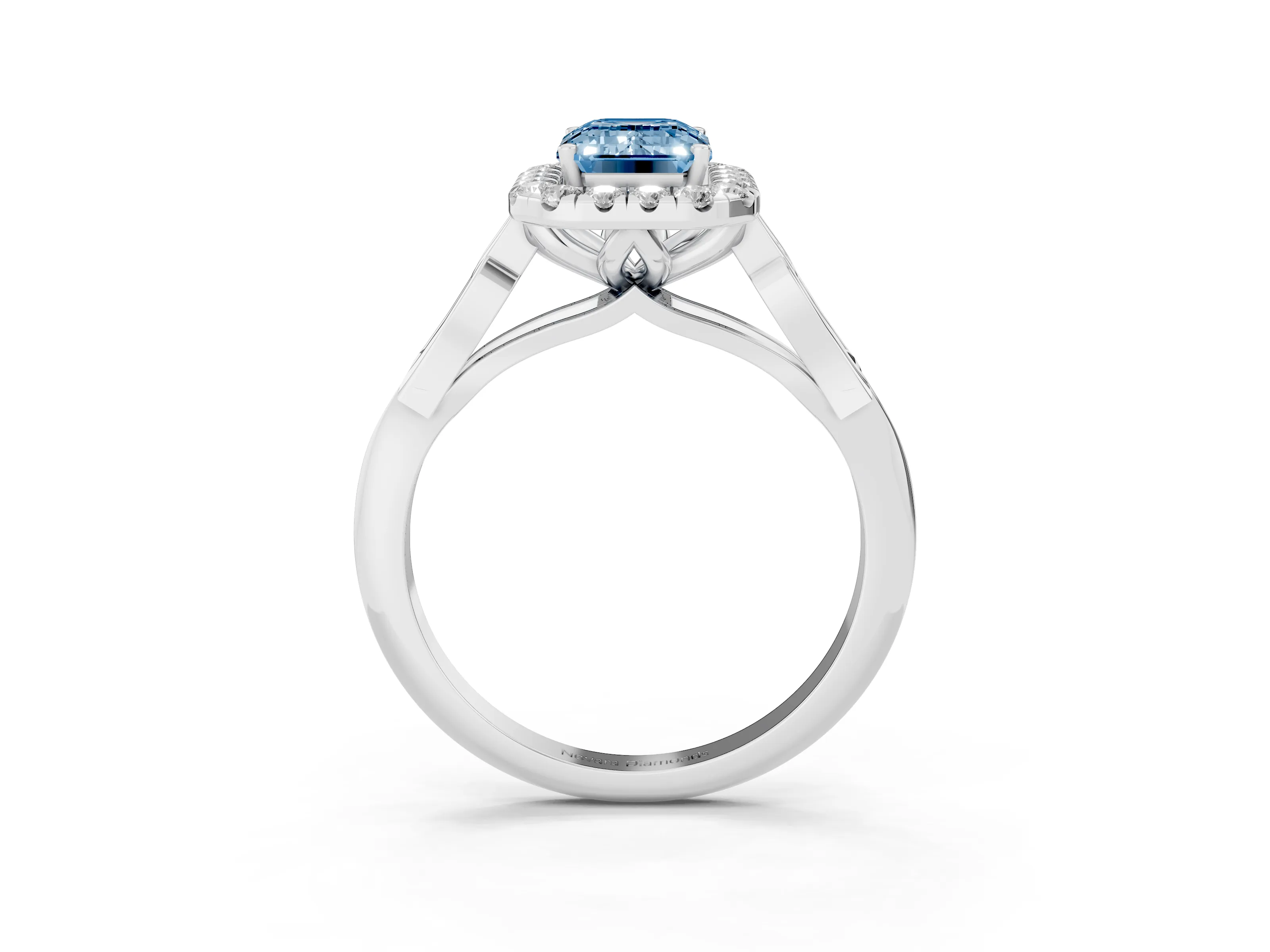 Fancy Blue Emerald Cut Diamond Halo Engagement Ring Set in Platinum with Filigree Band and Prong-Set Center