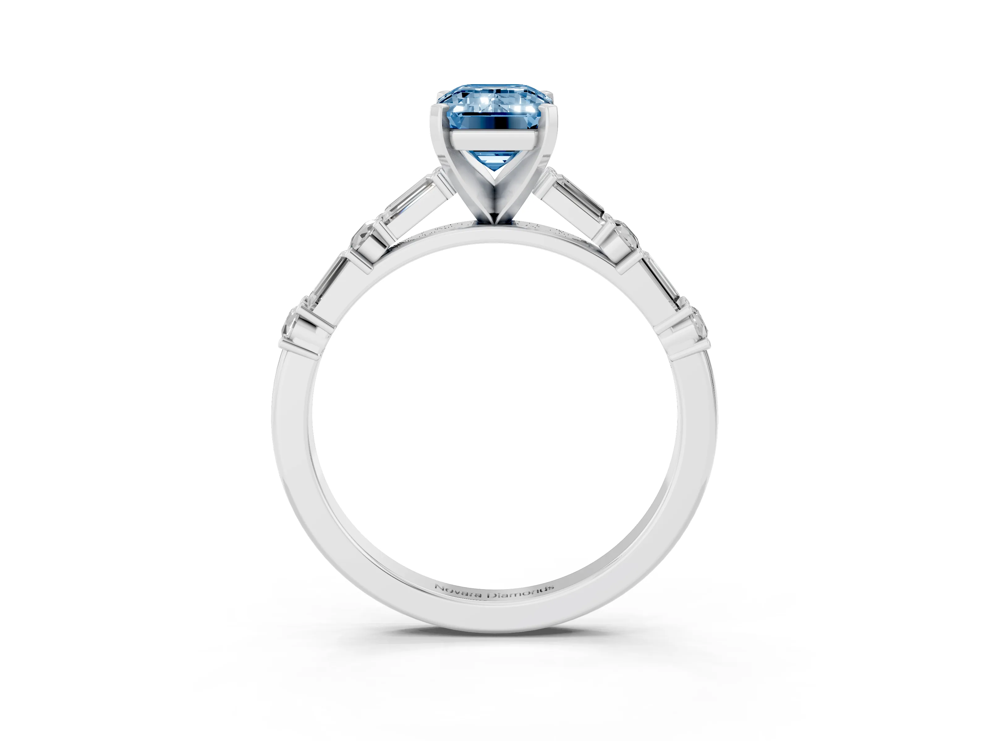 Fancy Blue Emerald Cut Diamond Solitaire Set in Silver with Side Baguettes and Channel Set Band