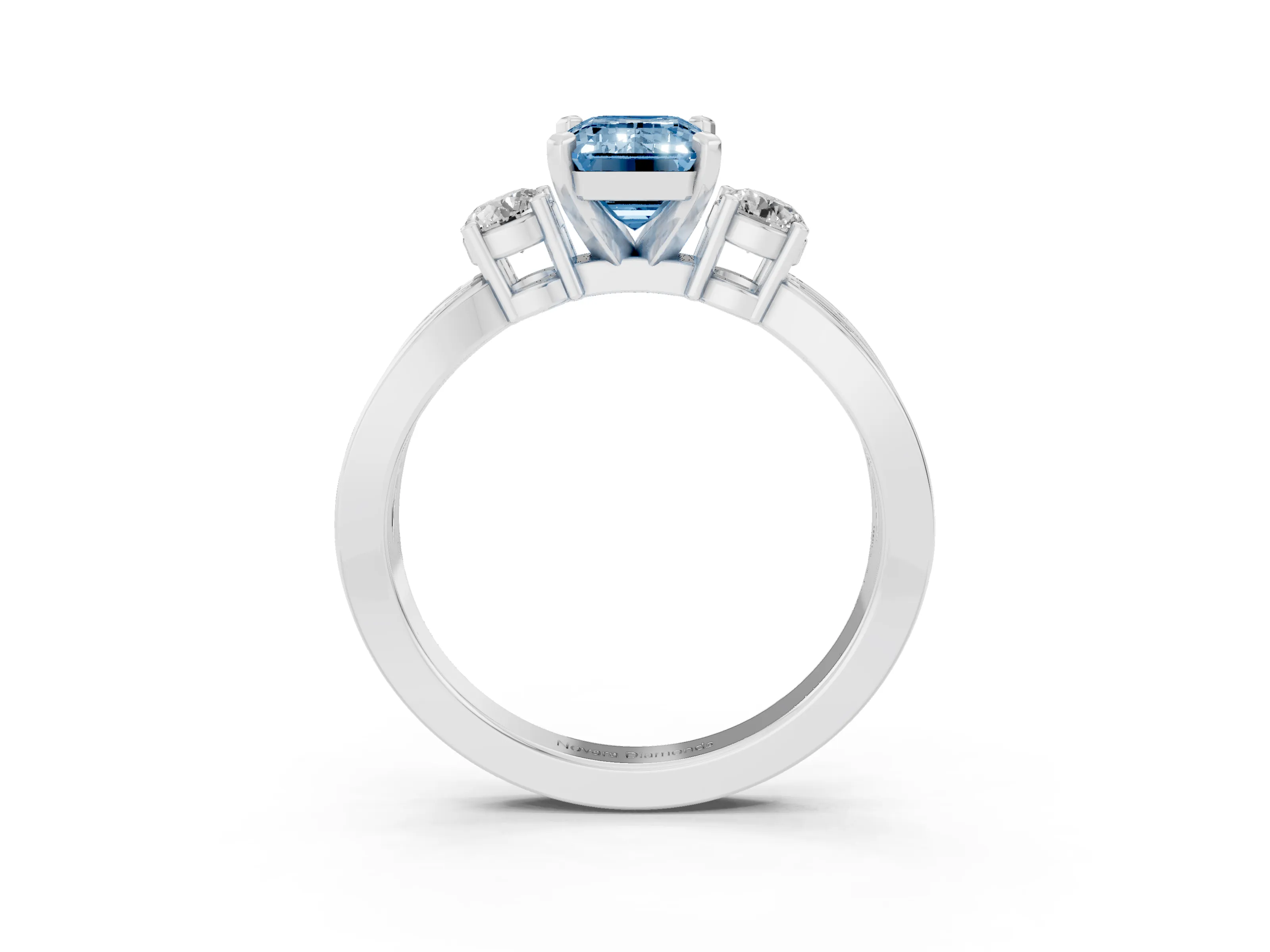 Fancy Blue Three-Stone Emerald Cut Diamond Twist Band Ring Set in White gold with Pavé Accents and Prong Setting