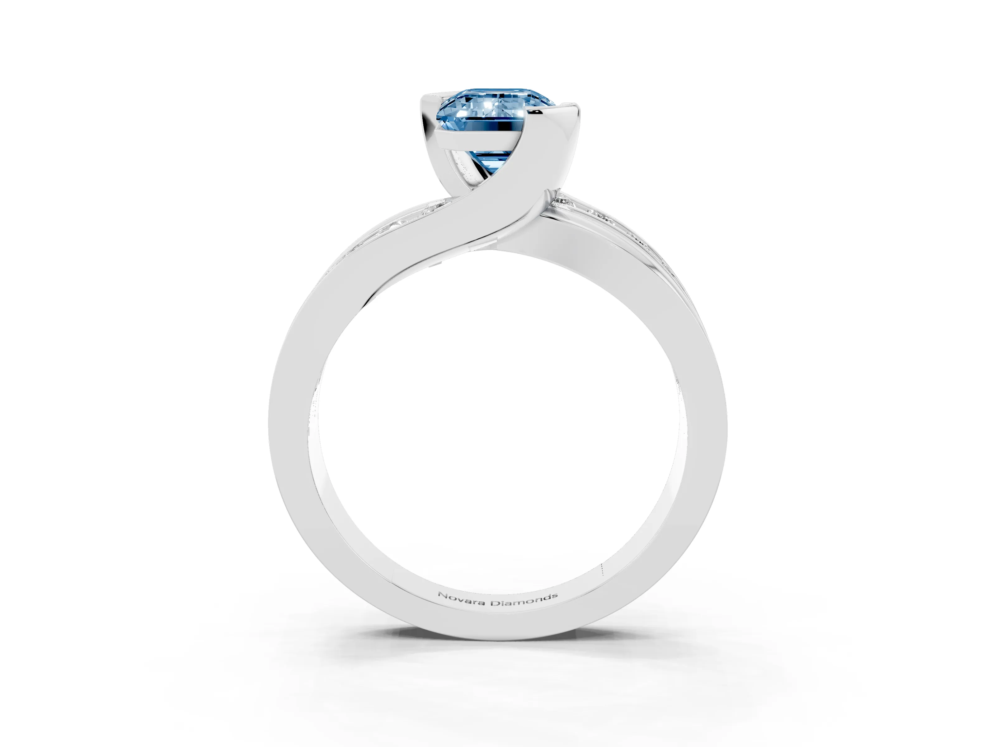 Fancy Blue Emerald Cut Diamond Solitaire Ring Set in White gold with Channel Set Split Shank and Tension Prongs