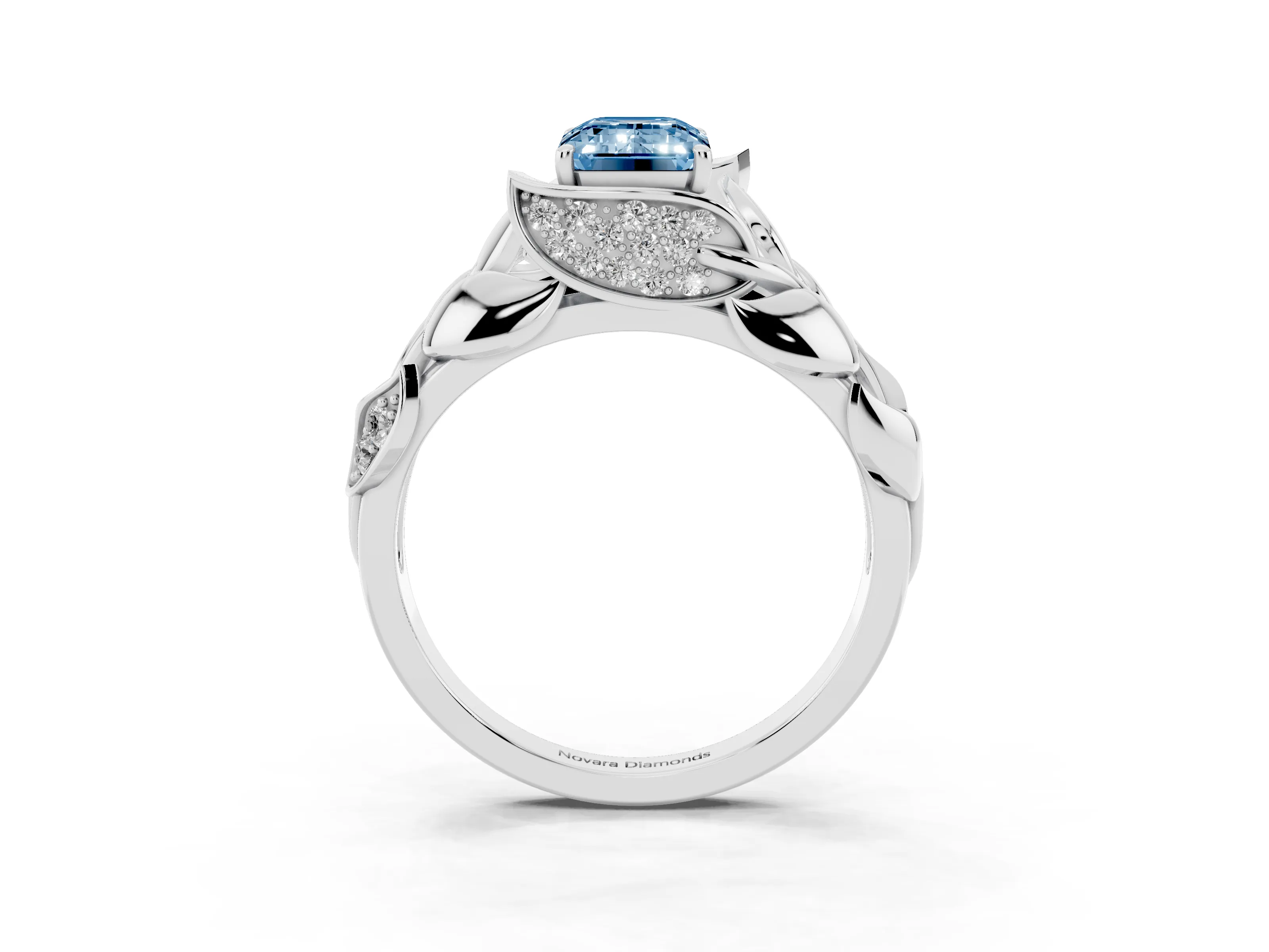 Fancy Blue Emerald Cut Diamond Leaf-Inspired Engagement Ring Set in Silver with Round Accents